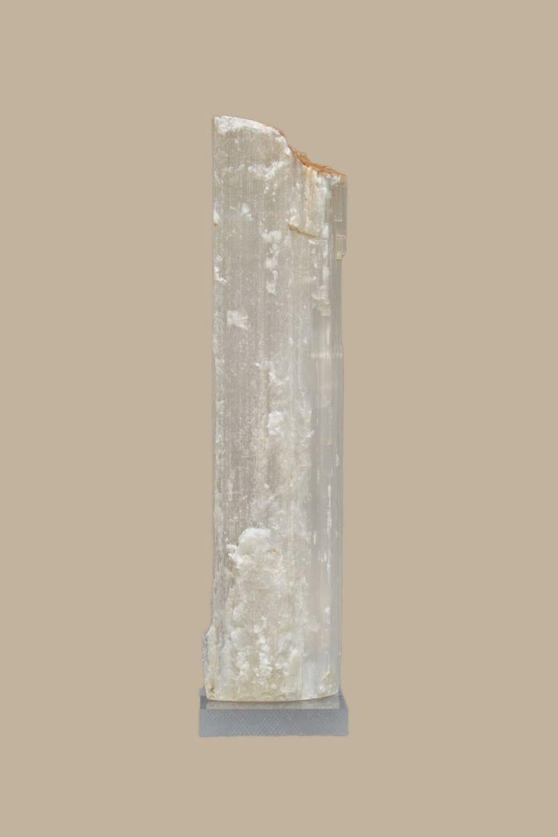 Hand-Carved Ruler Selenite with an 18th Century Italian Sunray & Baroque Pearls on Lucite For Sale