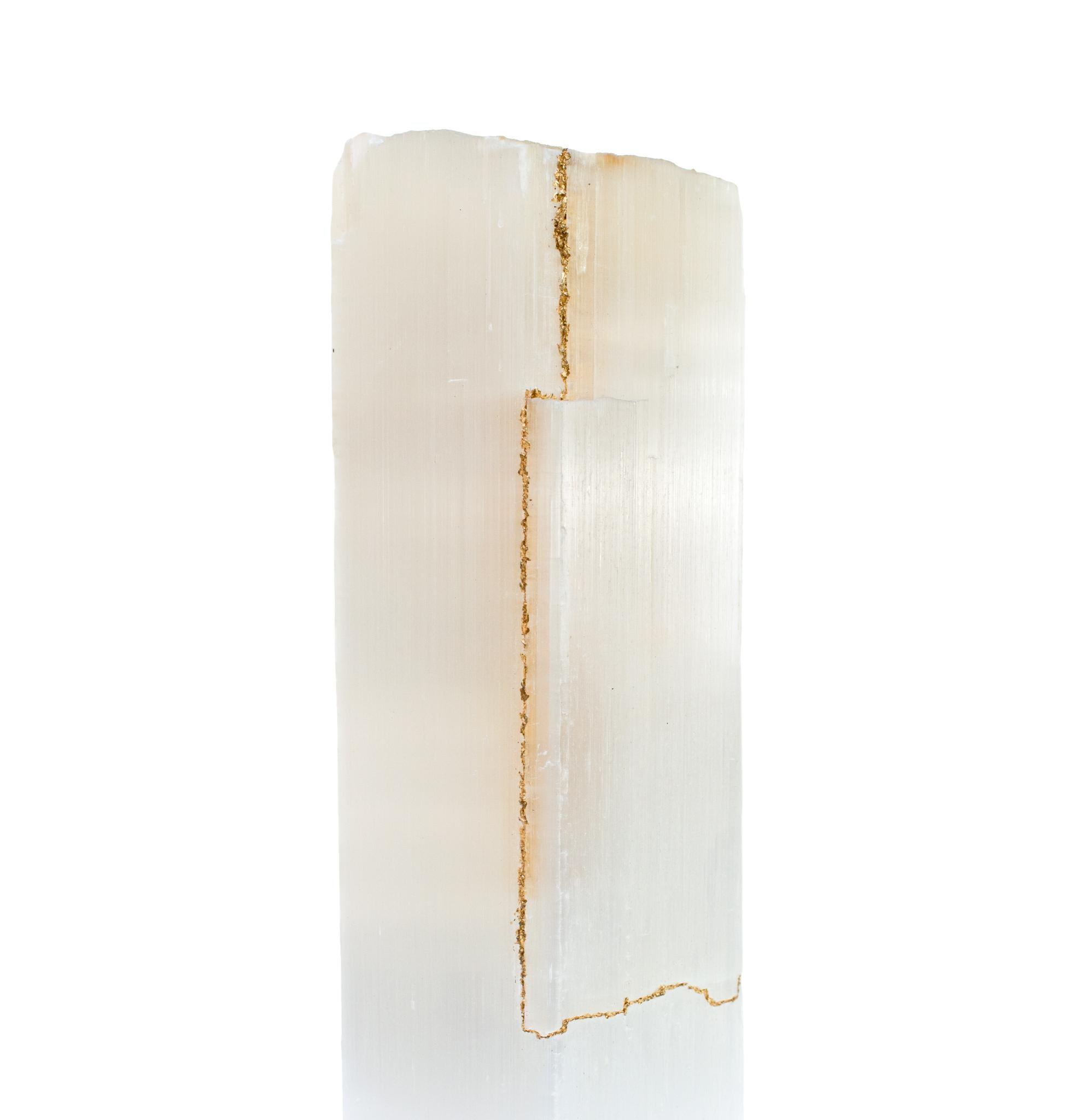 Organic Modern Ruler Selenite with Gold Leaf on a Lucite Base For Sale