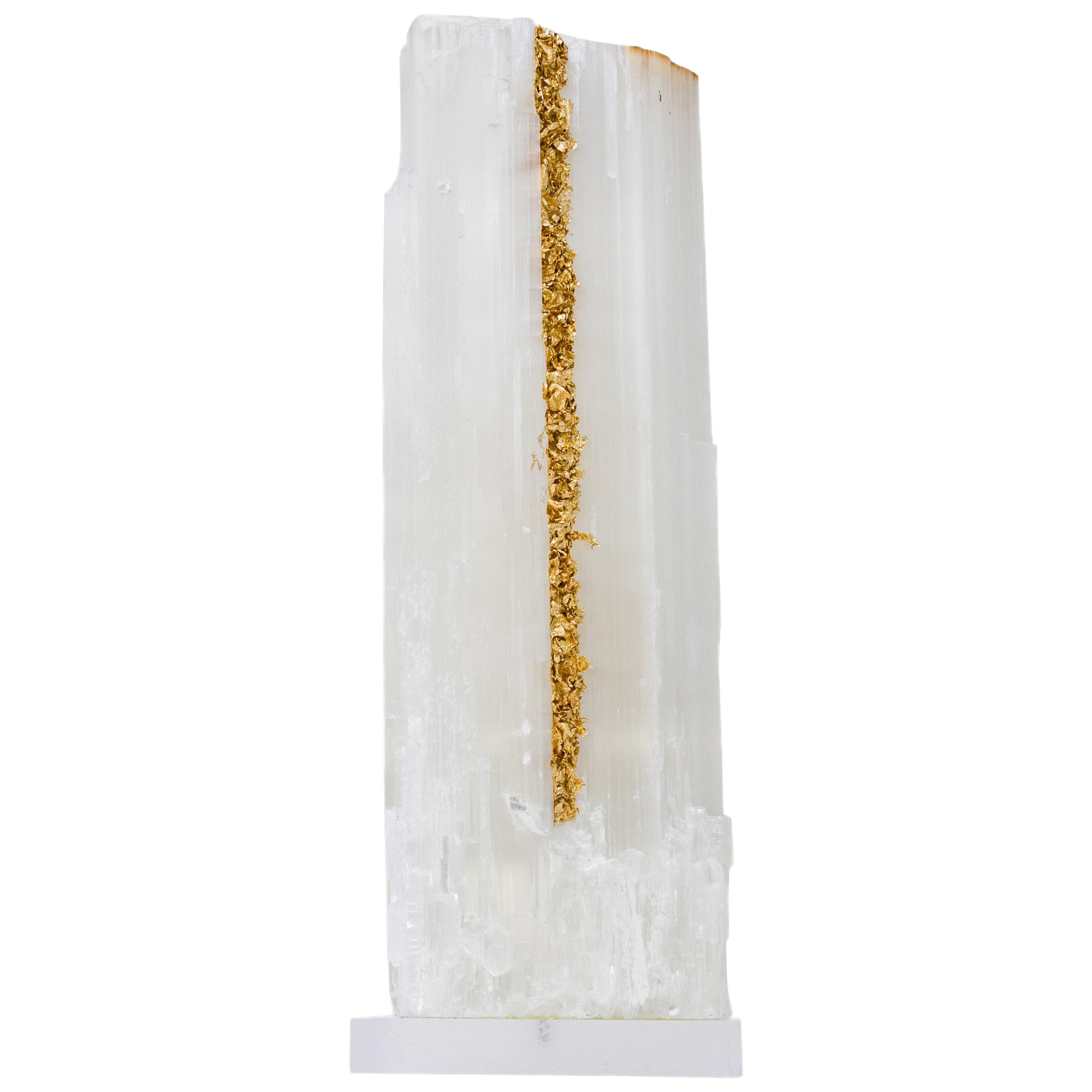 Ruler Selenite with Gold Leaf on a Lucite Base