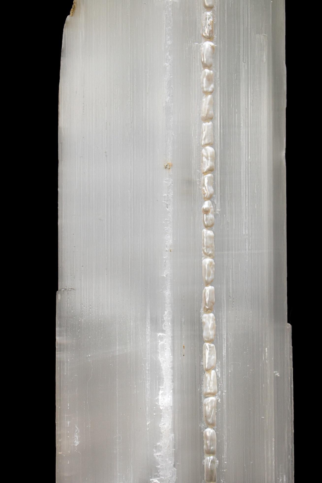 Modern Ruler Selenite with Natural-Forming Baroque Pearls on a Lucite Base For Sale