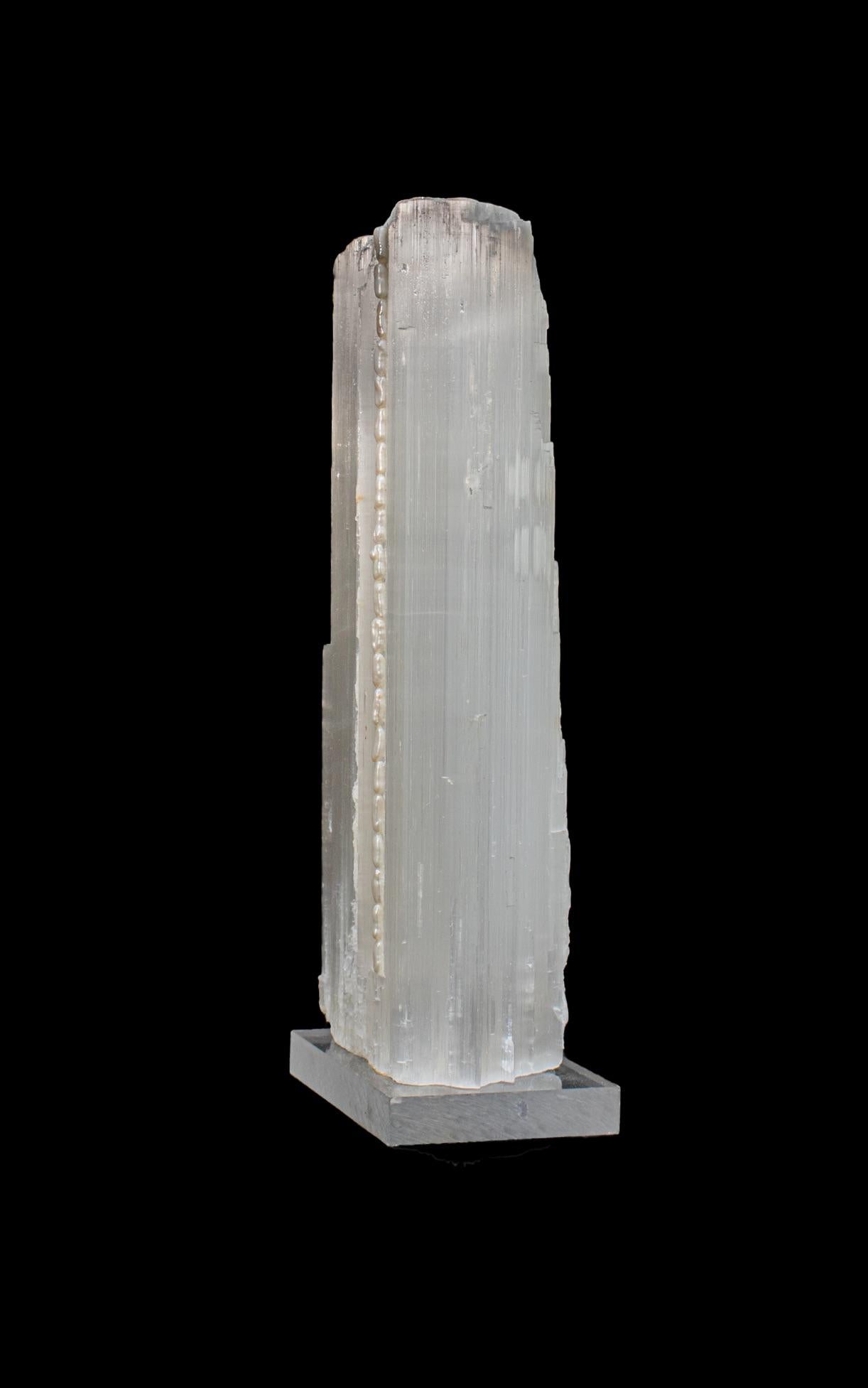 Moroccan Ruler Selenite with Natural-Forming Baroque Pearls on a Lucite Base For Sale