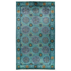 One-of-a-Kind Patterned & Floral Wool Hand-Knotted Area Rug, Teal, 8' 1 x 14' 3