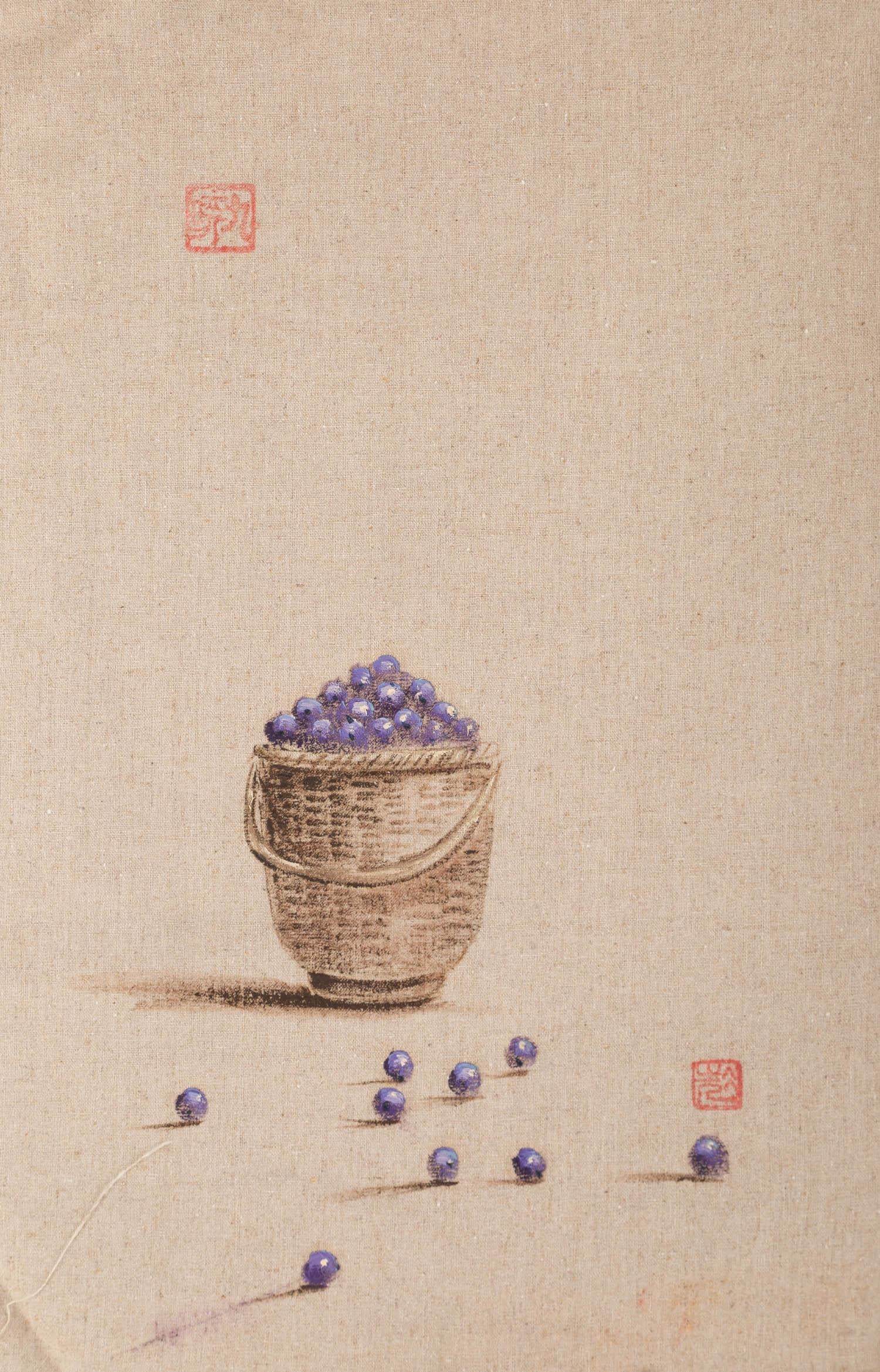 Rulin Xian Stillleben, Original, Ölgemälde auf Leinwand, „Basket of Grapes“, Rulin Xian
