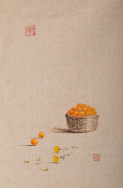 Rulin Xian Still Life Original Oil On Canvas "Basket Of Yellow Cherry"