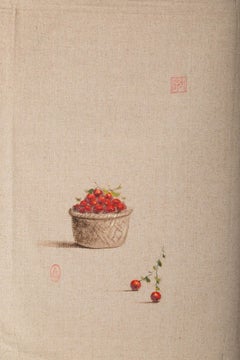 Rulin Xian Still Life Original Oil Painting "Basket Of Cherry"