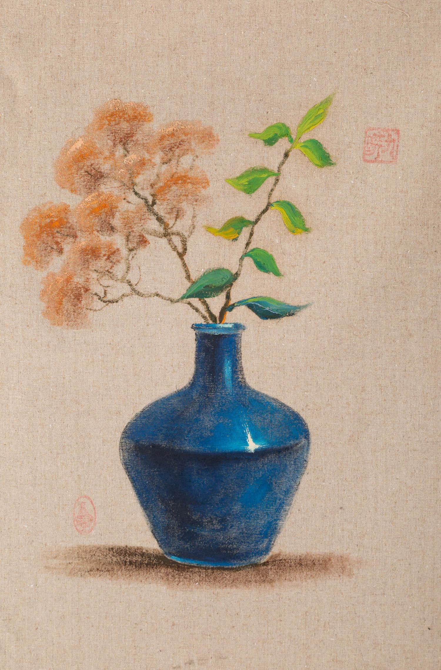  Titolo: Vaso blu
 Medium: Olio su tela
 Dimensioni: 23 x 15,5 pollici
 Cornice: Possibilità di incorniciatura!
 Condizioni: Il dipinto appare in ottime condizioni.
 Nota: questo quadro non è teso
 Anno: 2000 circa
 Artista: Rulin Xian
 Firma: