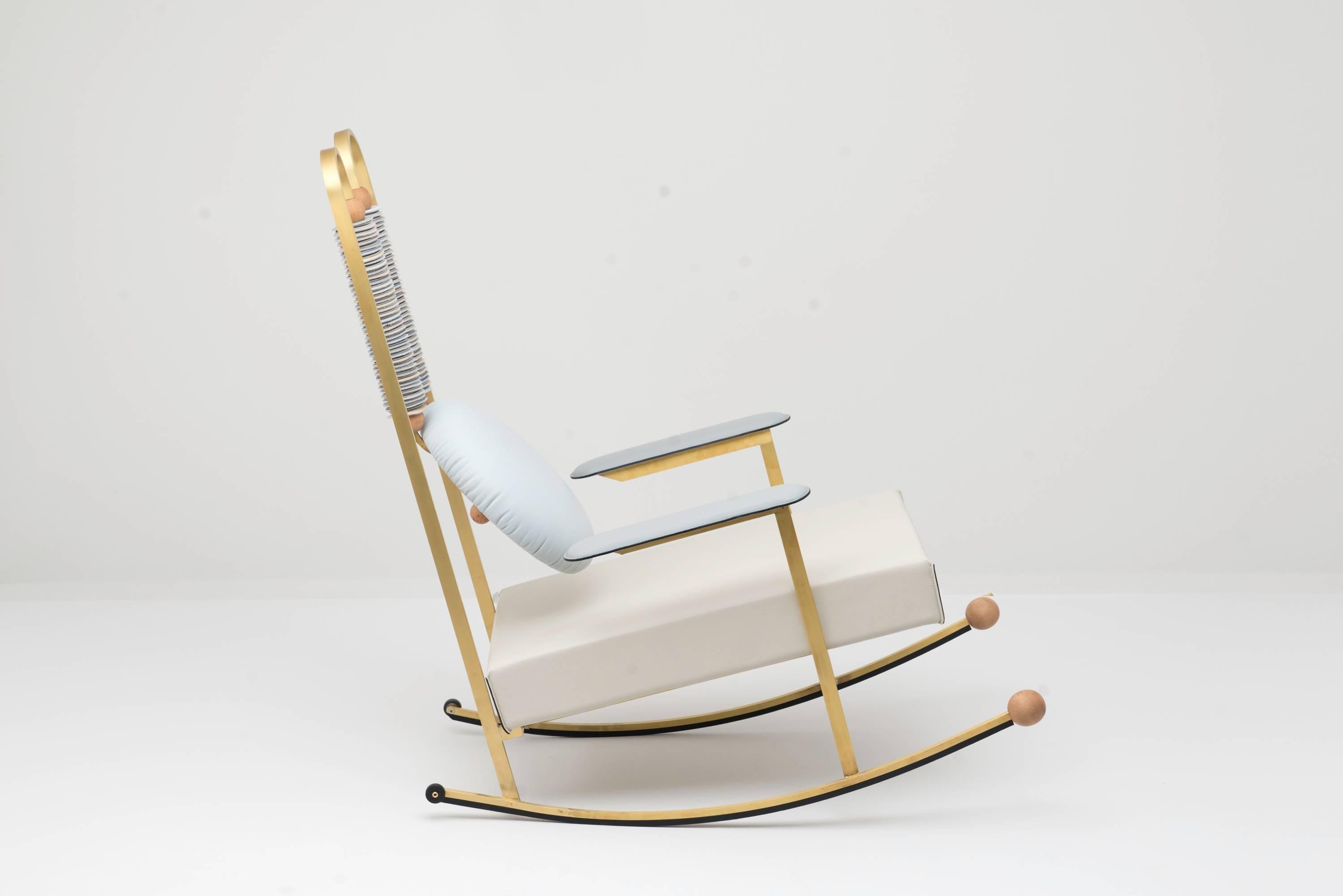 Modern Rulla Leather & Brass Rocking Chair by Mario Milana Handcrafted in Italy For Sale