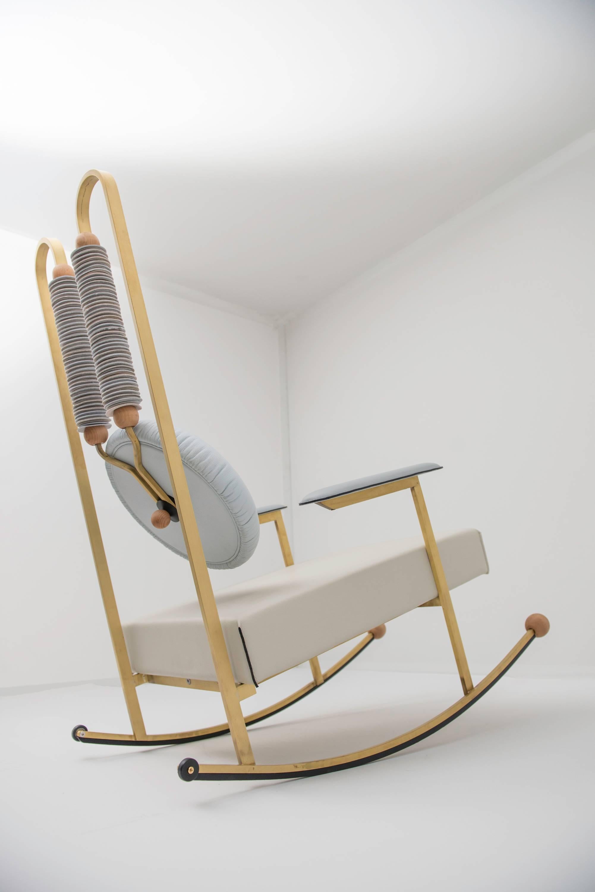 Contemporary Rulla Leather & Brass Rocking Chair by Mario Milana Handcrafted in Italy For Sale