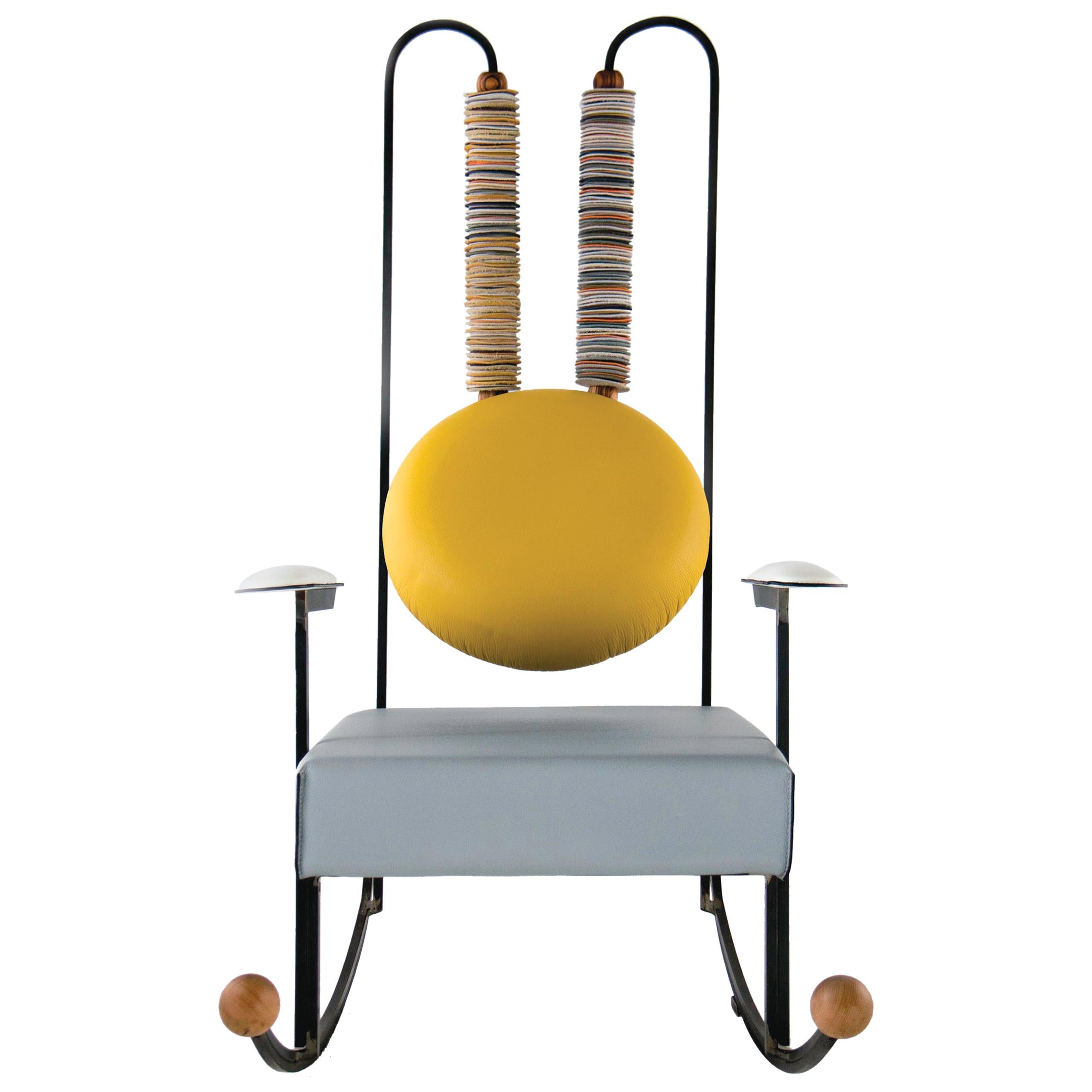 Chaise à bascule Rulla, cadre en fer et tapisserie en cuir mélangé de Mario Milana