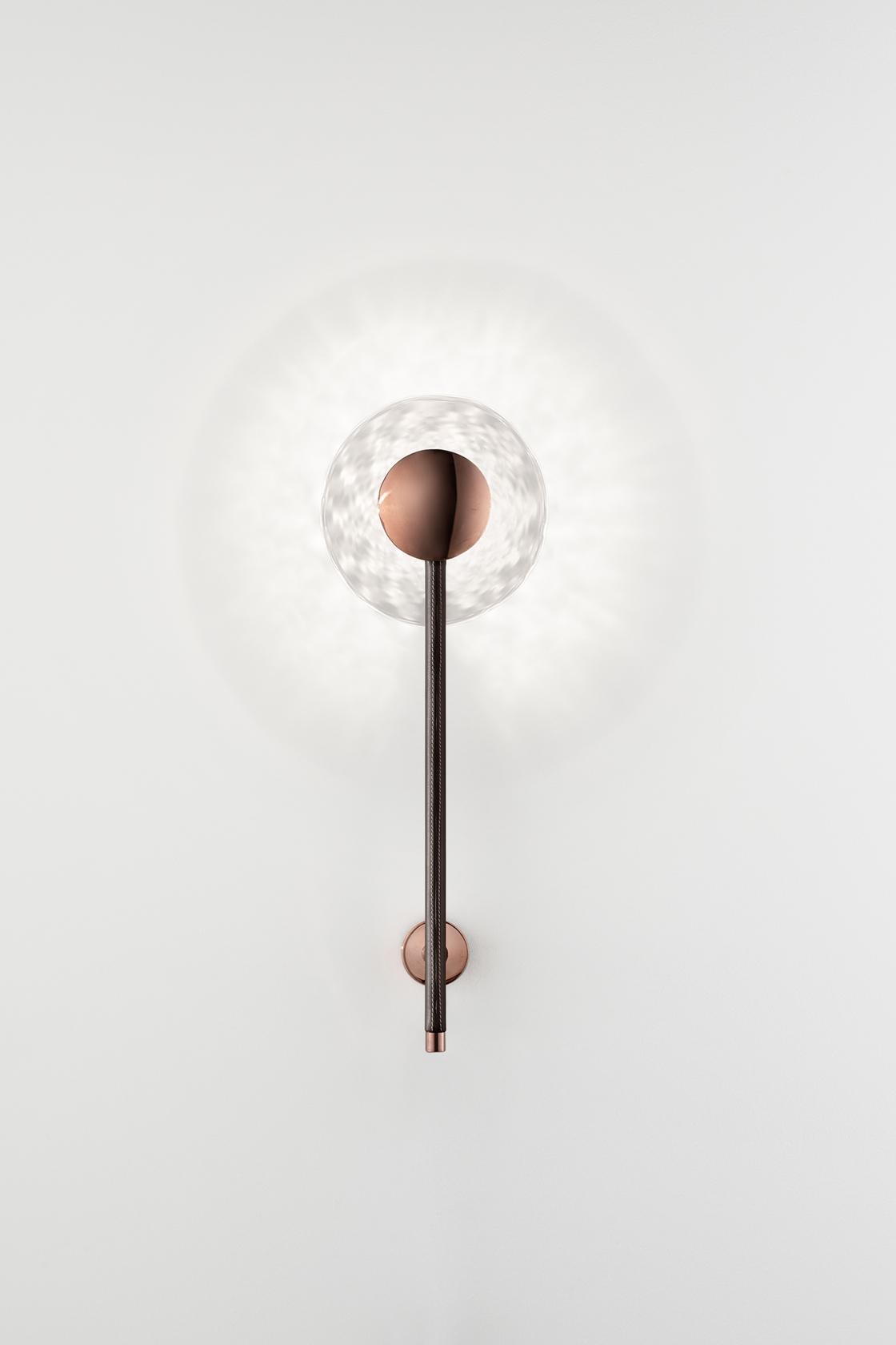 Hand-Crafted Rullo, LED Wall Lamp Consisting of a Coated Brass Stem and Trasparent Glass Disc For Sale