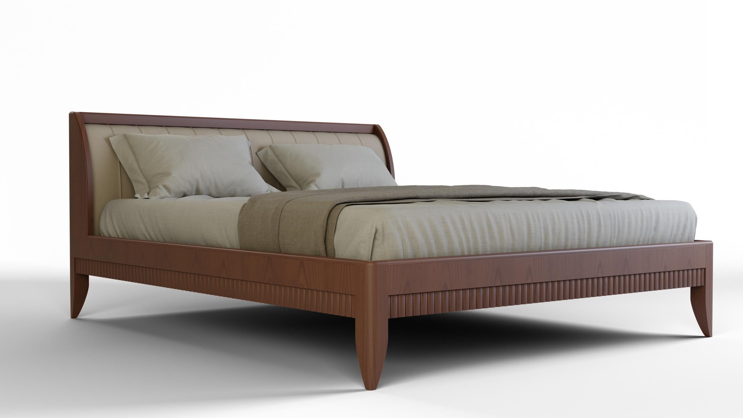 bed made of cherry wood with leather or fabric upholstered headboard.
Available in different mattress sizes:
Headboard upholstered with leather, fabric, velvet or COM
Wooden slats mattress support included.

Made in Italy by Morelato.