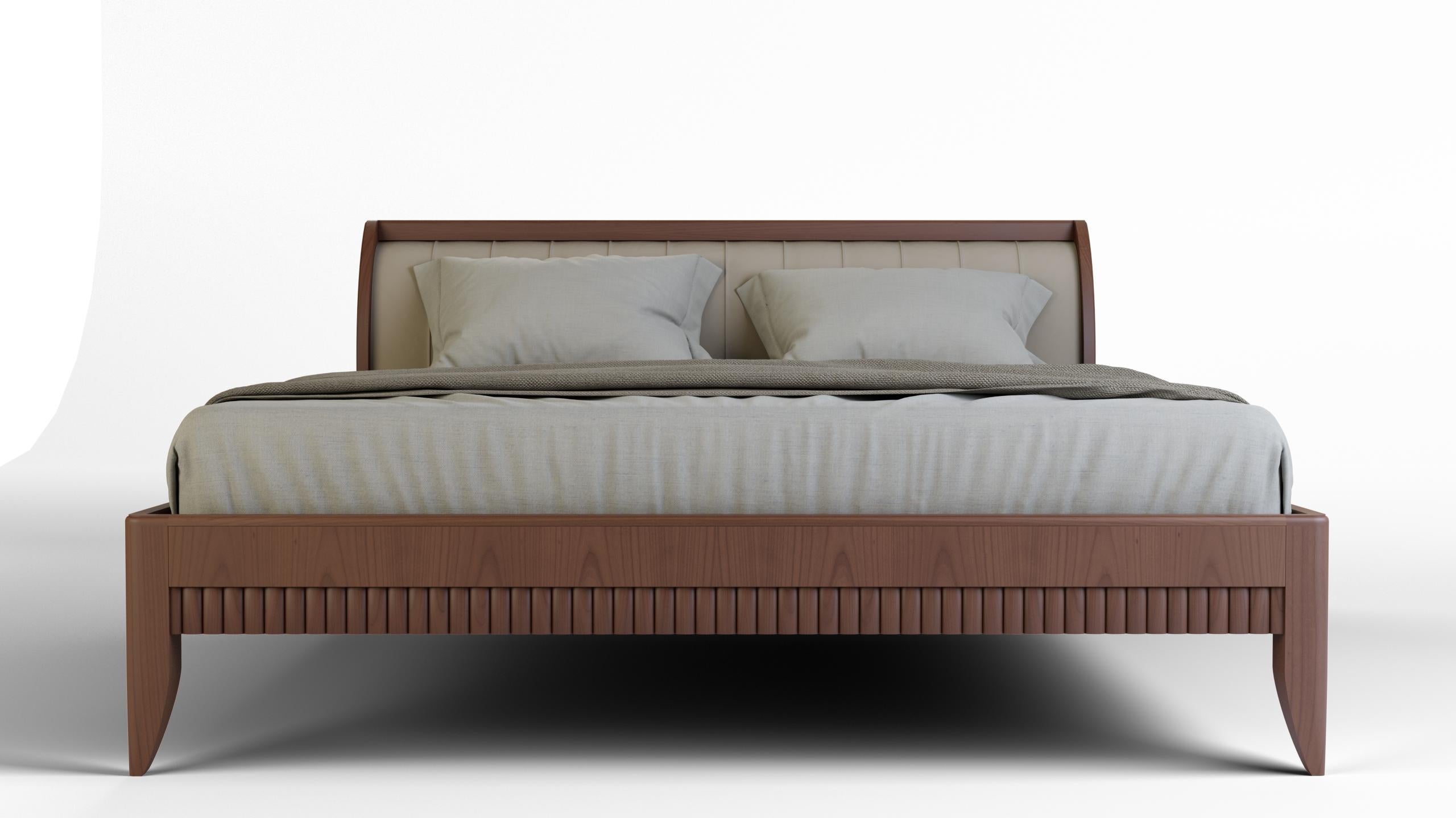 Italian Rulman by Morelato, Bed Made of Cherry Wood with Upholstered Headboard