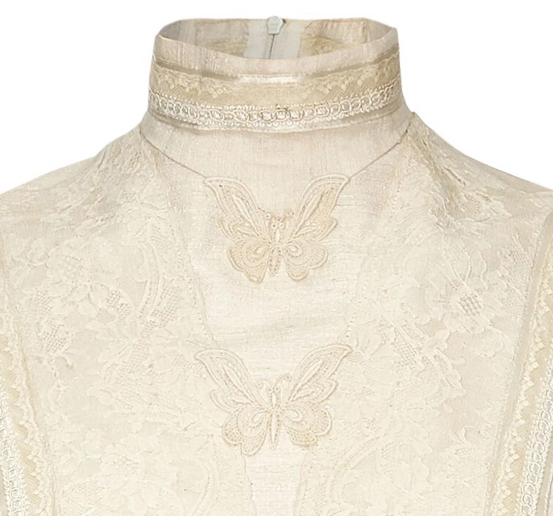 Rumak And Sample 1970s Silk Ivory Smock Dress With Butterfly Embroidery In Excellent Condition In London, GB