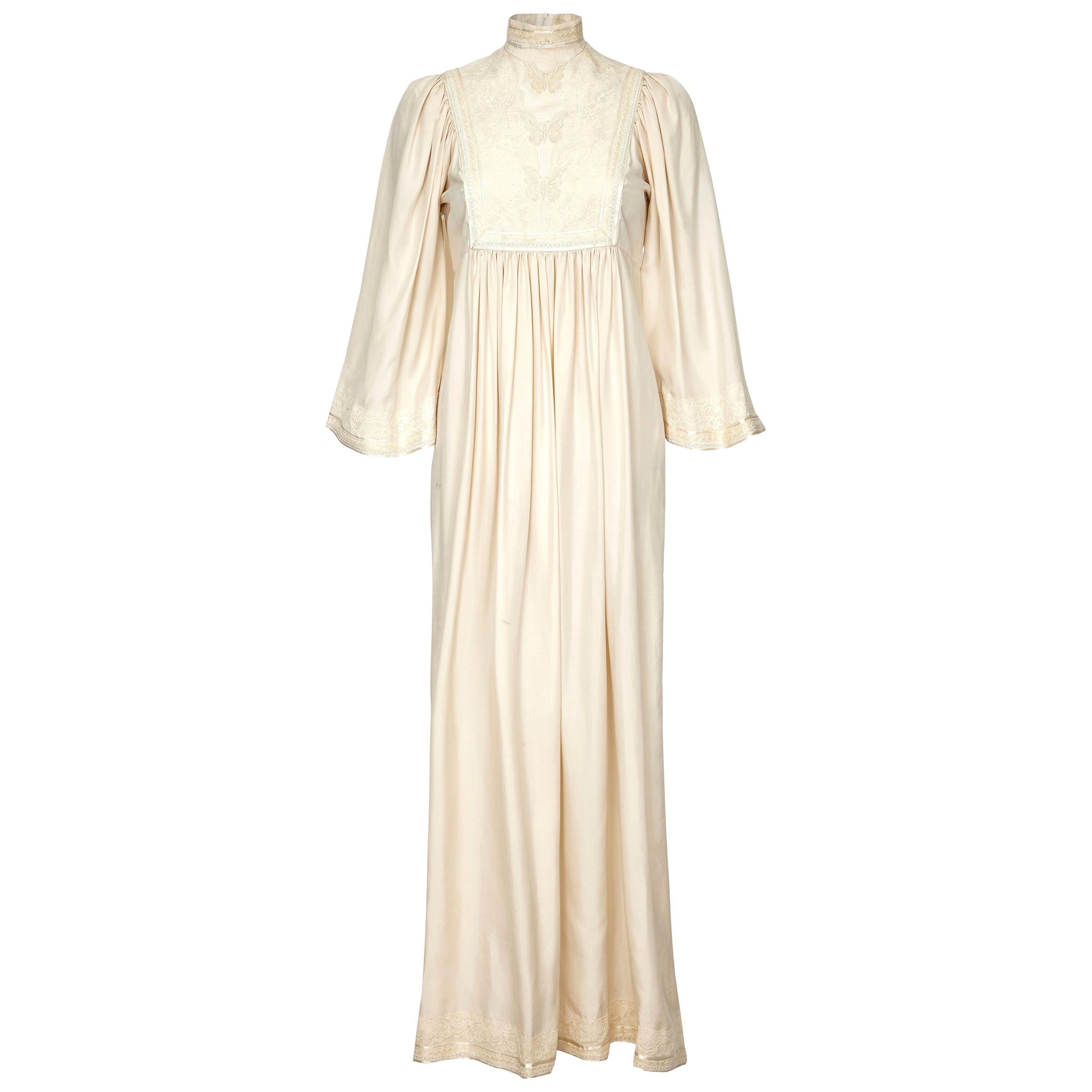 Rumak And Sample 1970s Silk Ivory Smock Dress With Butterfly Embroidery