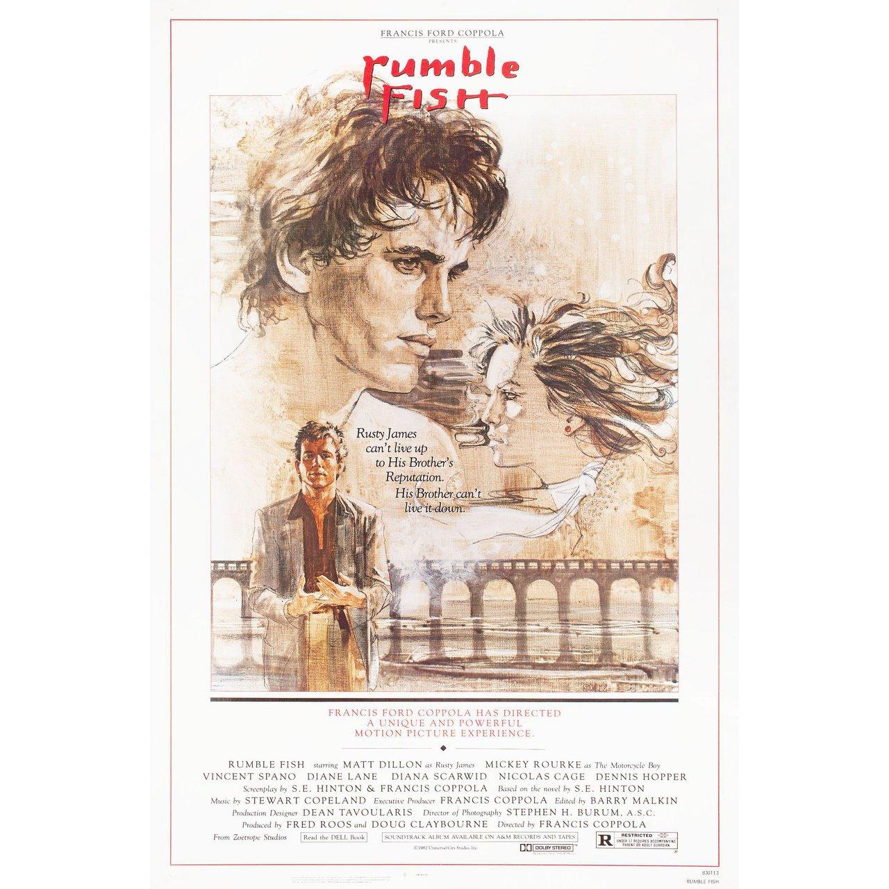 Original 1983 U.S. one sheet poster by John Solie for the film Rumble Fish directed by Francis Ford Coppola with matte Dillon / Mickey Rourke / Diane Lane / Dennis Hopper. Very good-fine condition, rolled. Please note: The size is stated in inches