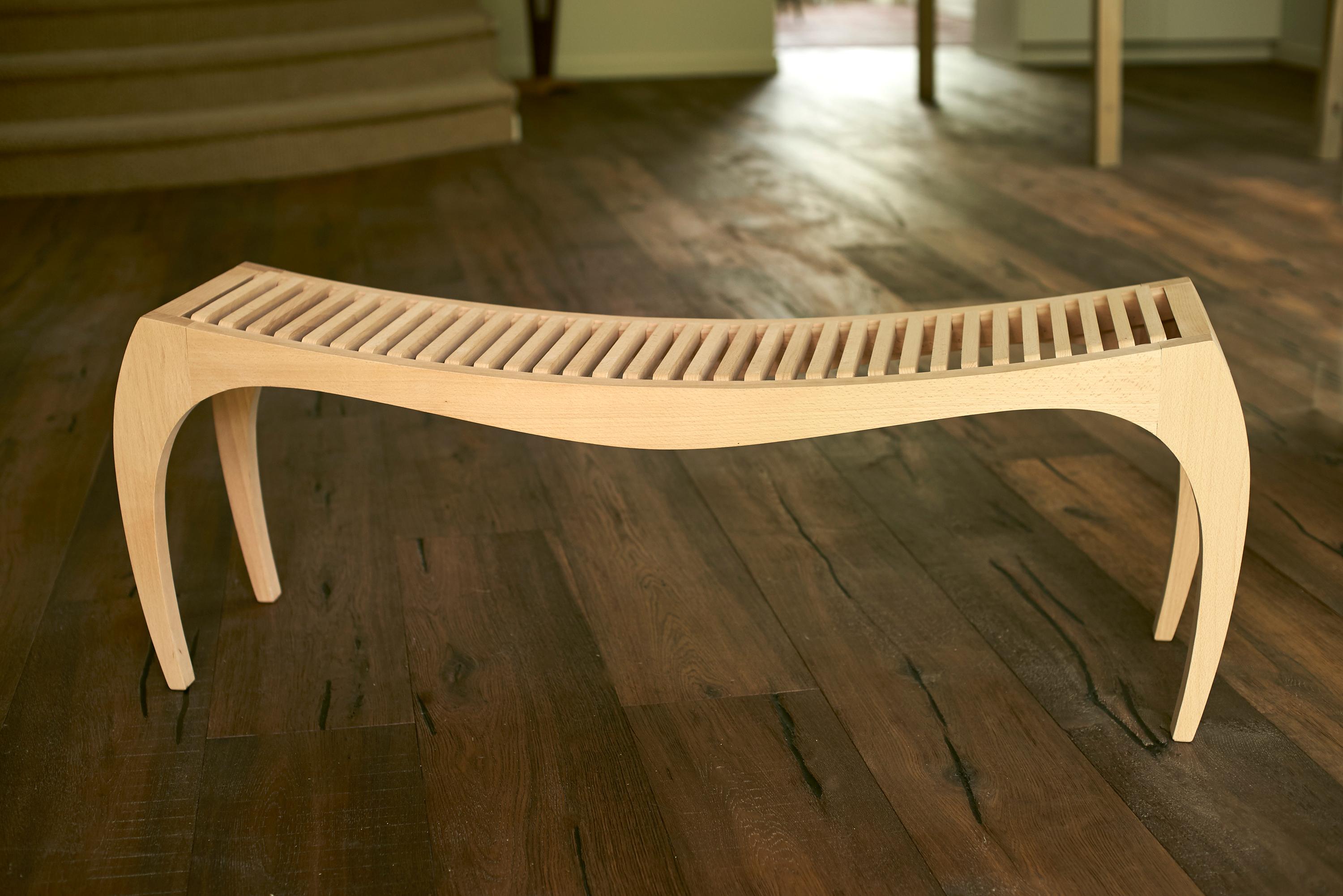 Rumbo bench by Jean-Baptiste Van den Heede
Unique piece
Signed and numbered
Dimensions: L 31 x W 118 x H 42 cm
Materials: Mapple wood

Also available in solid cherrywood and other woods on demand.

The Rumbo bench is a unique design, limited series