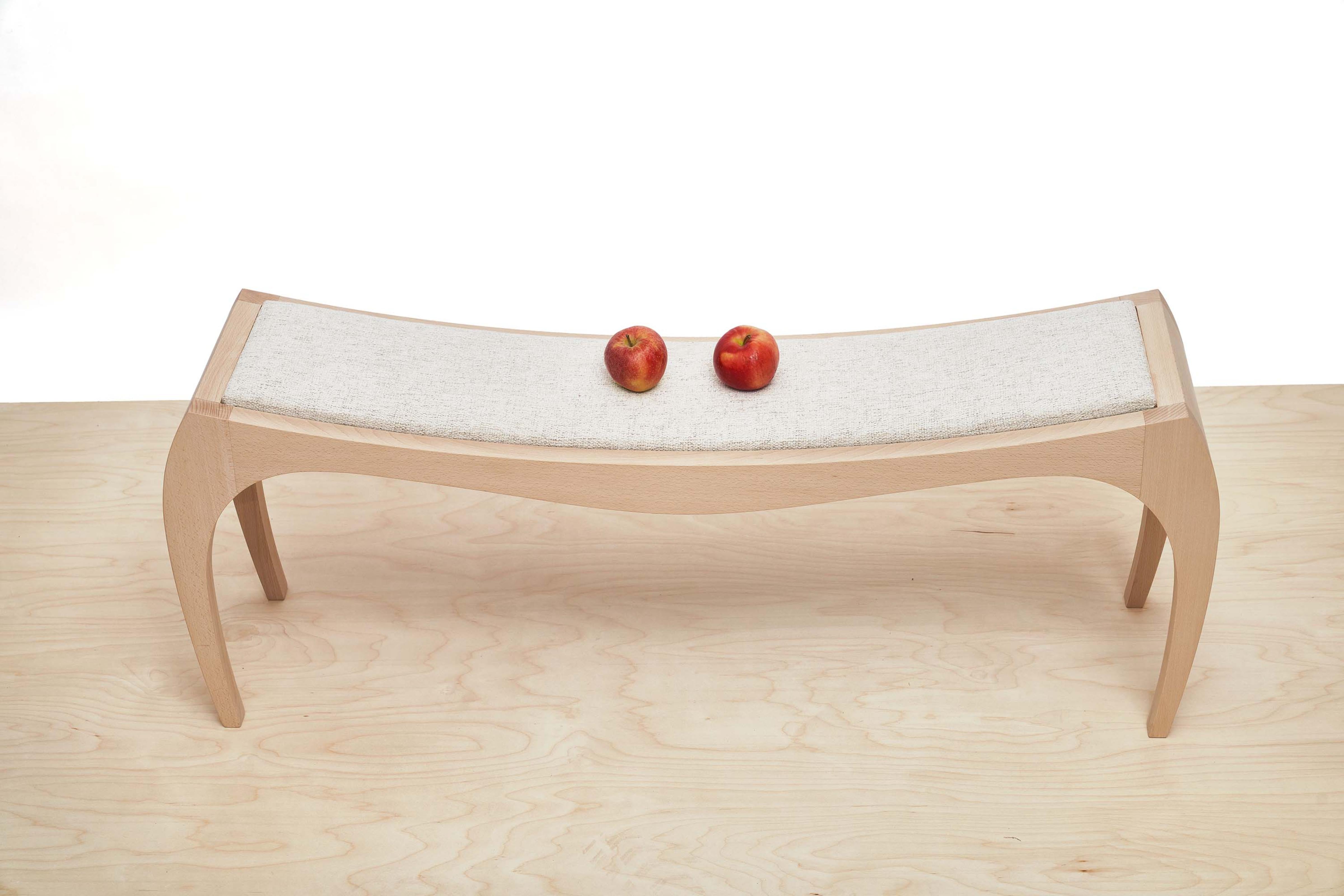 SURF bench by Jean-Baptiste Van den Heede.
Dimensions: L 118 x D 31 x H 42 cm.
Materials: White Beech, Textile.
Also available: Other textiles available.

The upholstered RUMBO version proposes a stool with quality fabrics to your liking. It
