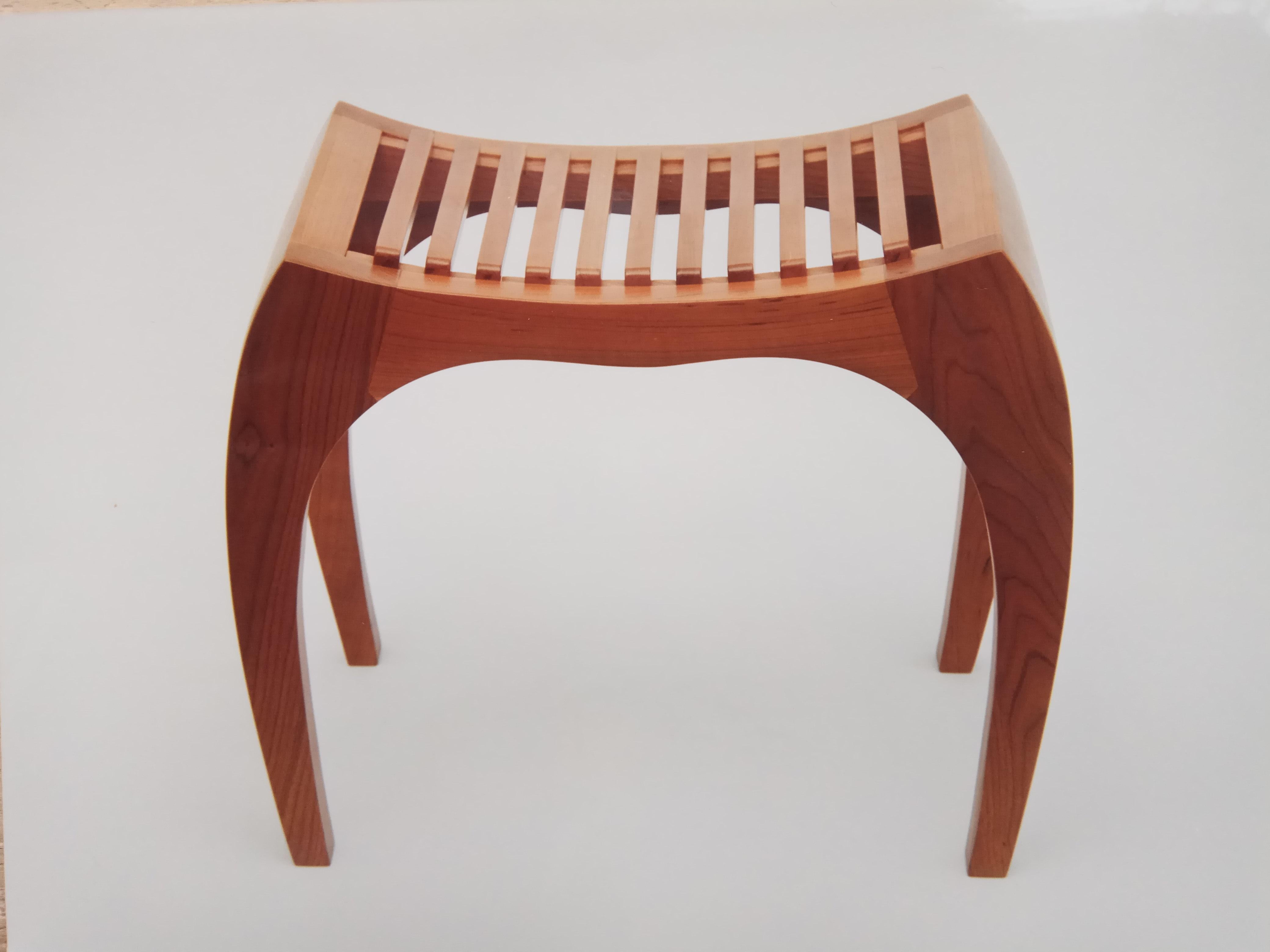 Rumbo stool by Jean-Baptiste Van den Heede
Signed and numbered
Dimensions: L 45 x W 31 x H 40 cm
Materials: Solid cherrywood

Also available in Iroko wood and other woods on demand.
   

The Rumbo stool is a unique, limited series design and each