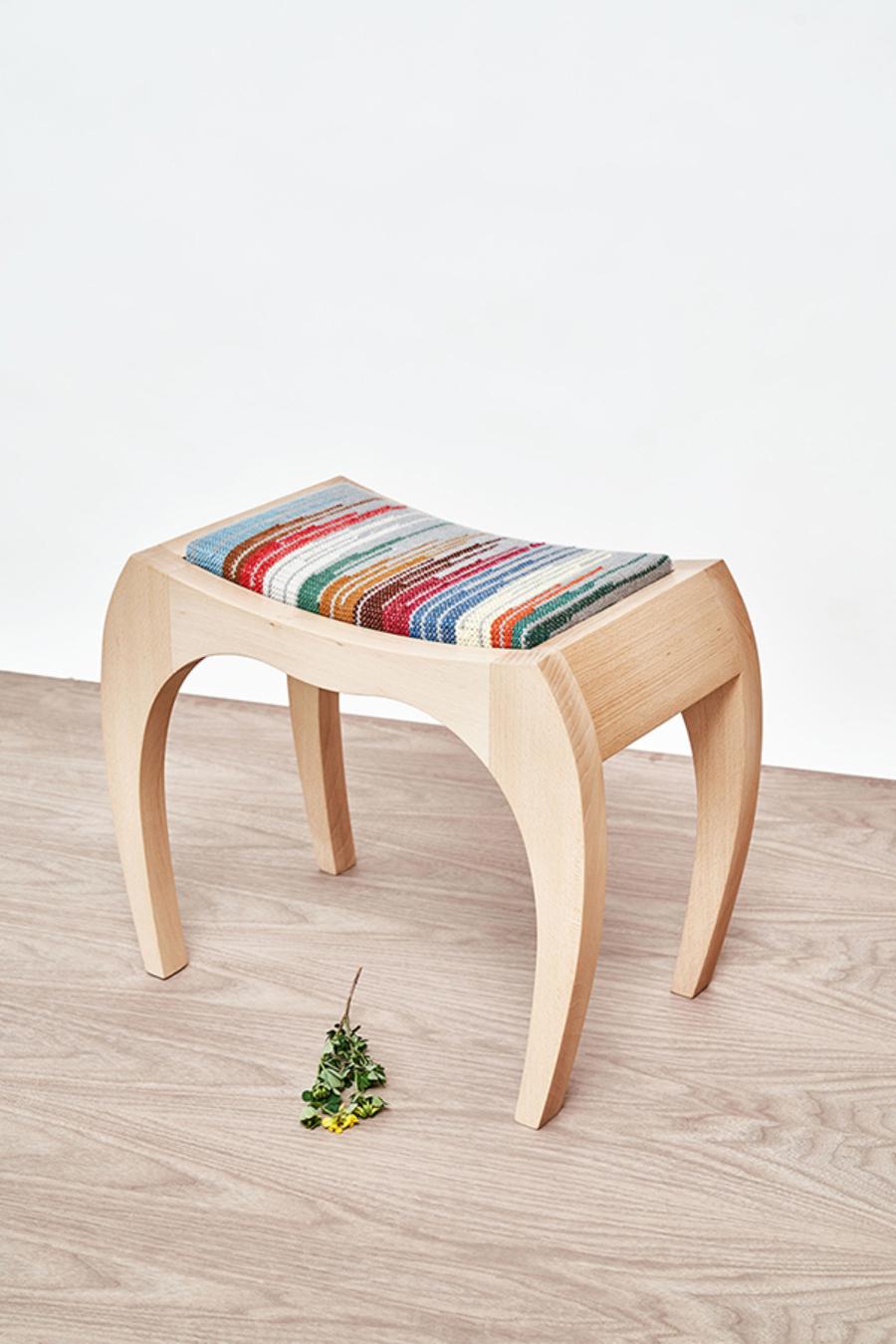 RUMBO unic stool by Jean-Baptiste Van den Heede.
Dimensions: W 49 x D 28 x H 40 cm
Materials: white beech, textile.
Also available: other textiles available.

The “RUMBO unic” version proposes a unique loom upholstered stool made by hand, it
