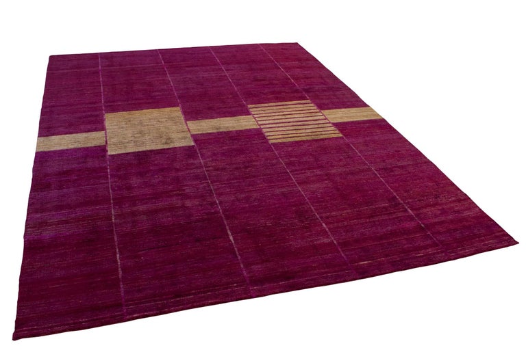 Contemporary Cranberry Pink Mid-Century Modern Hand-Knotted Sustainable Silk Rug in Stock For Sale