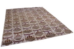 Beige Ivory Purple Rust Hand Knotted Silk Transitional Rug in Stock