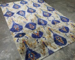 Hand Knotted Silk Rug Silver Gray and Cobalt Blue Transitional Rug in Stock