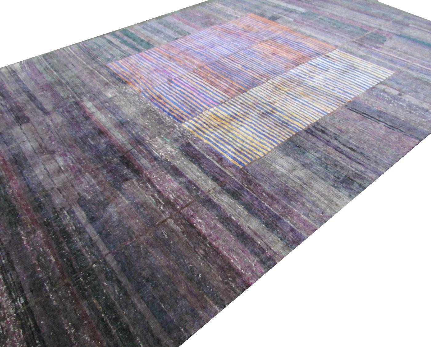Organic Modern Purple Plum Grape Natural Silk Hand-Knotted Modern Color Transitional Design Rug For Sale