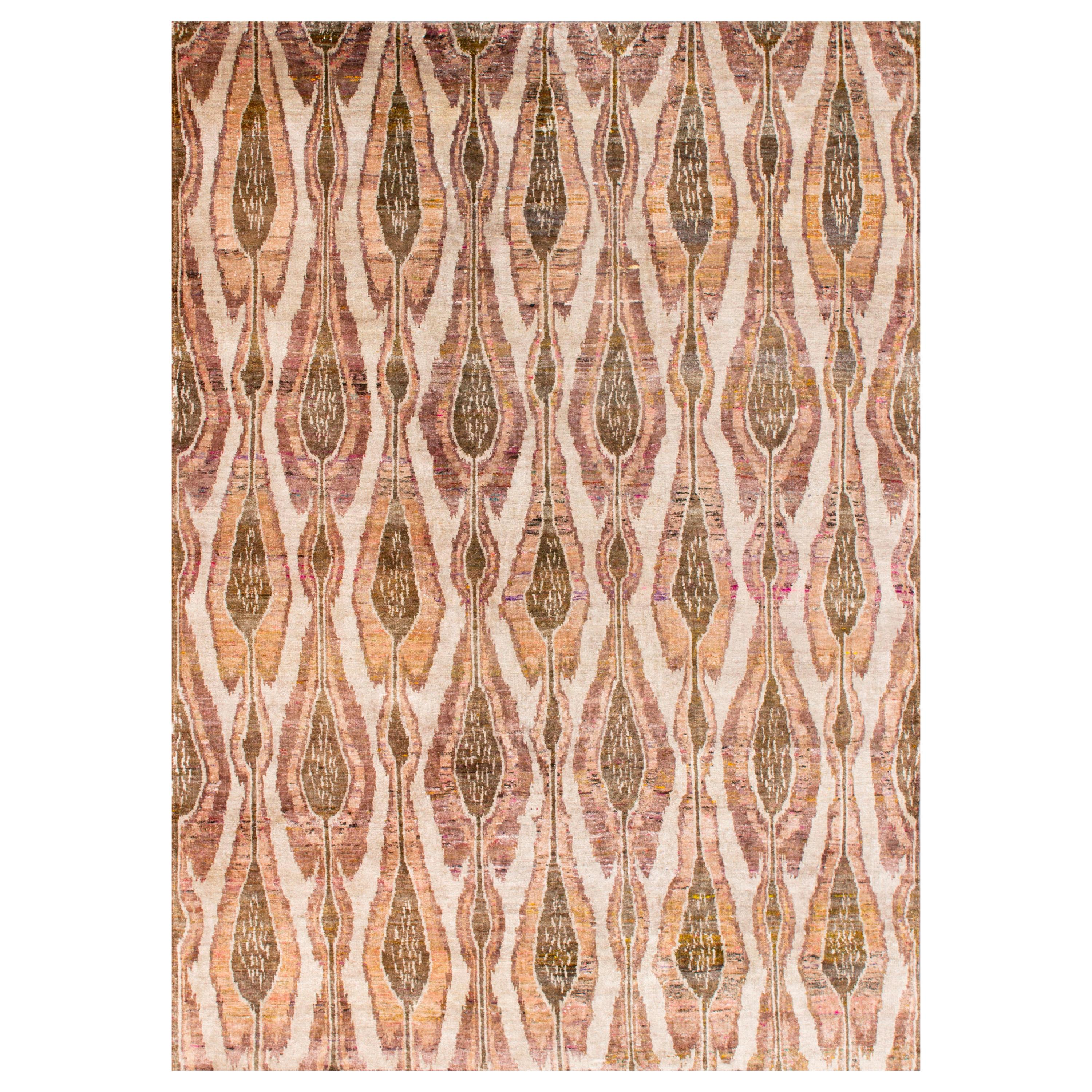 Beige Champagne Rust Olive Repurposed Silk Ikat Transitional Rug in Stock For Sale