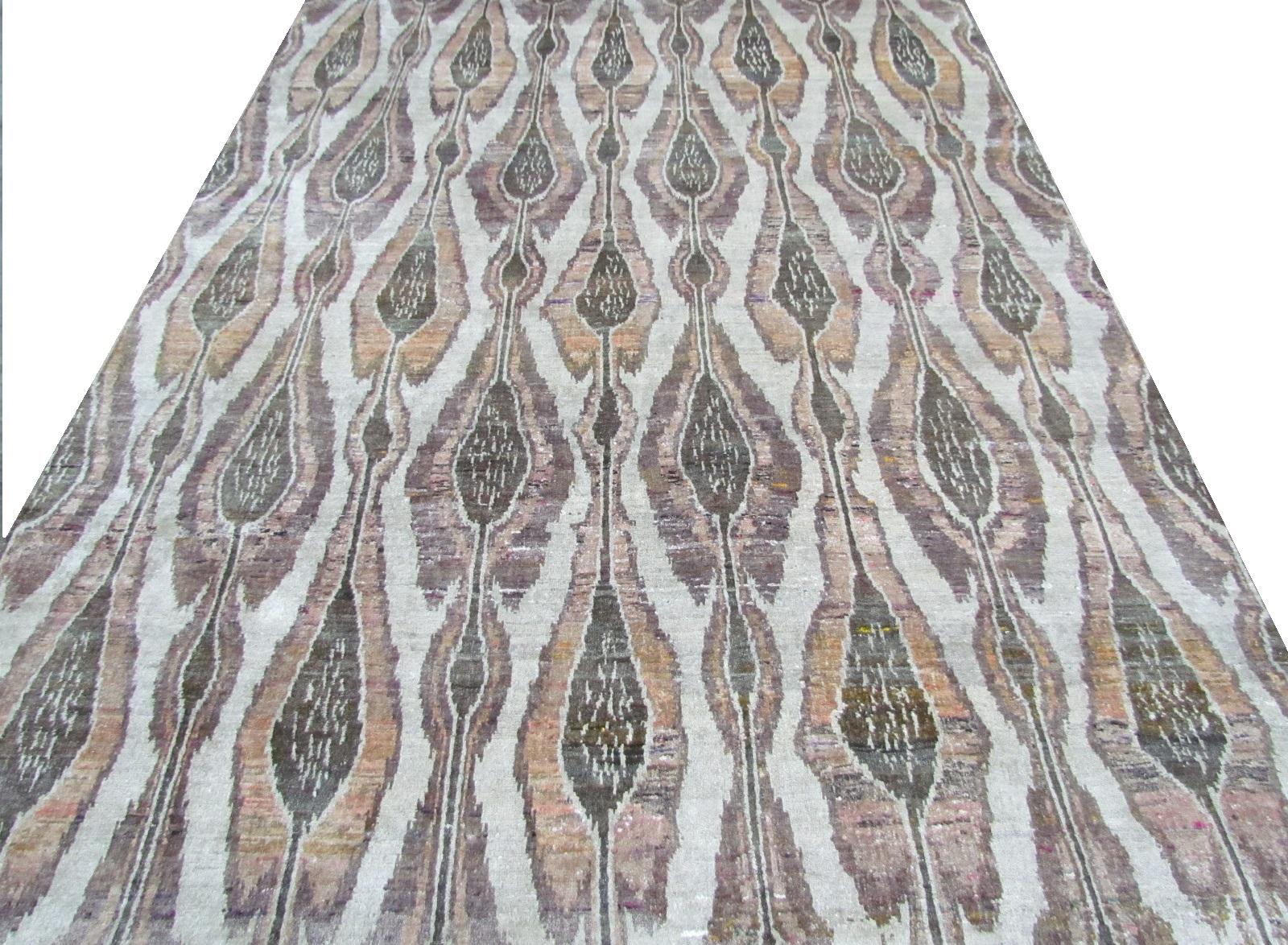 Other Rust Beige Olive Mustard Eco-Friendly Transitional Ikat Silk Rug in Stock