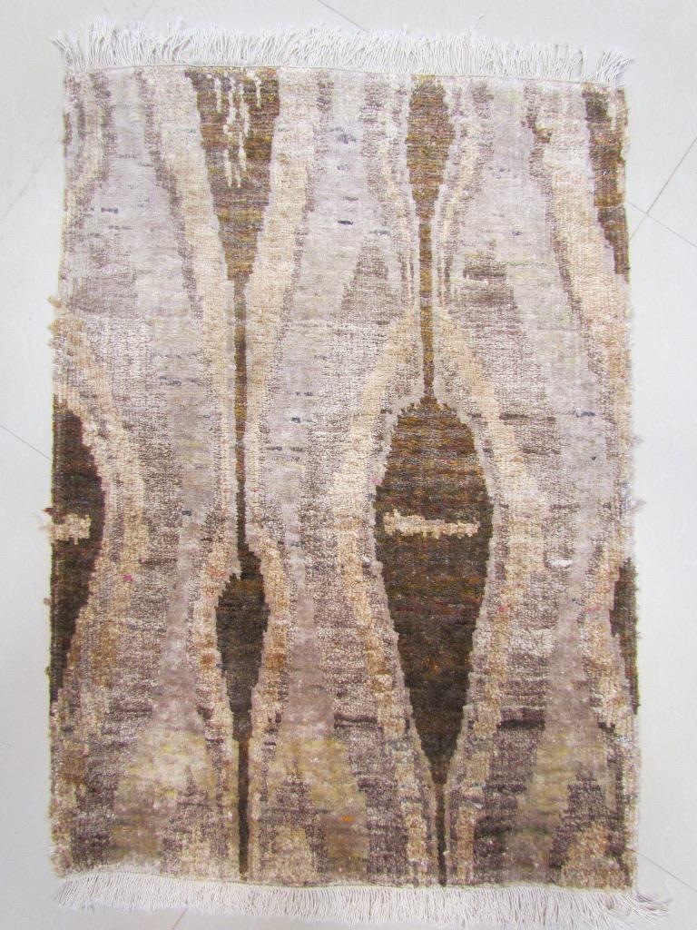 Indian Rust Beige Olive Mustard Eco-Friendly Transitional Ikat Silk Rug in Stock