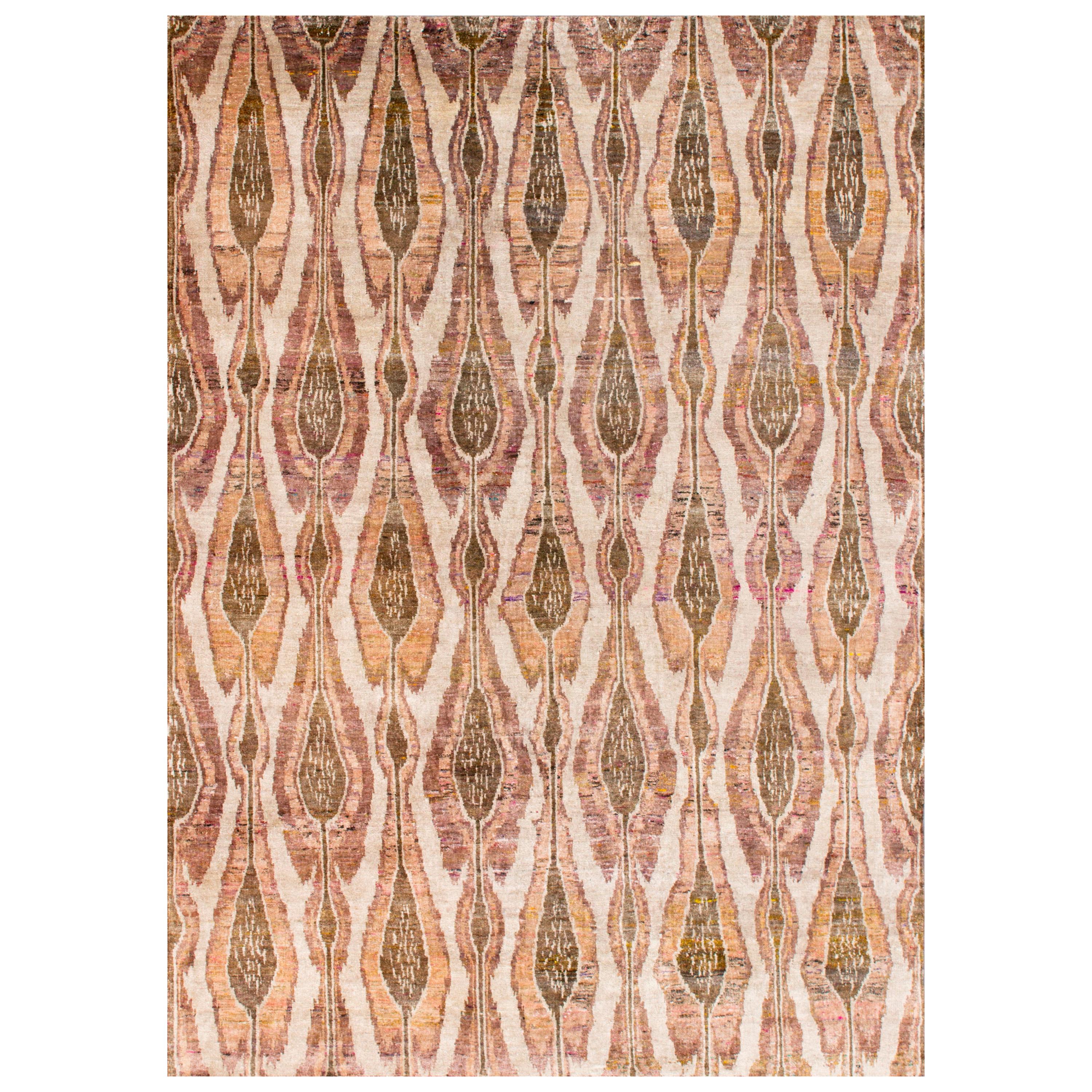 Rust Beige Olive Mustard Eco-Friendly Transitional Ikat Silk Rug in Stock