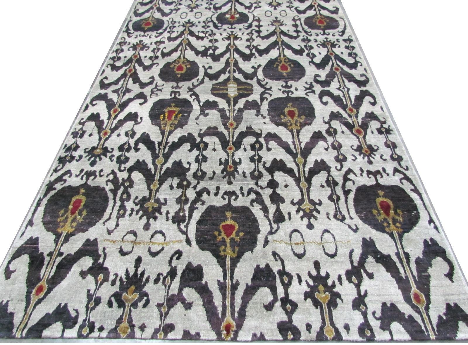 Revival Silver Grey Plum Gold Natural Silk Hand-Knotted Ikat Contemporary Rug in Stock