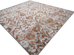 Tappeto Ikat in ruggine, arancione bruciato e seta argentata, annodato a mano