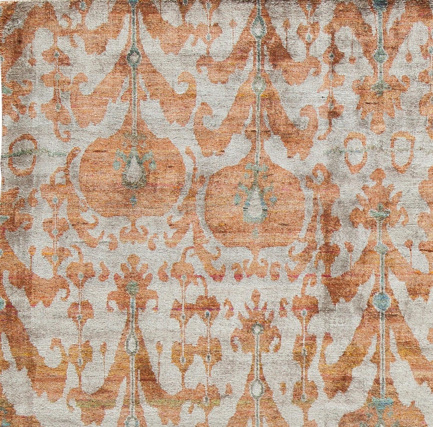 Indian Rust Orange Silver Silk Beige Rug Hand-Knotted Ikat Pattern with Luxe Weave For Sale