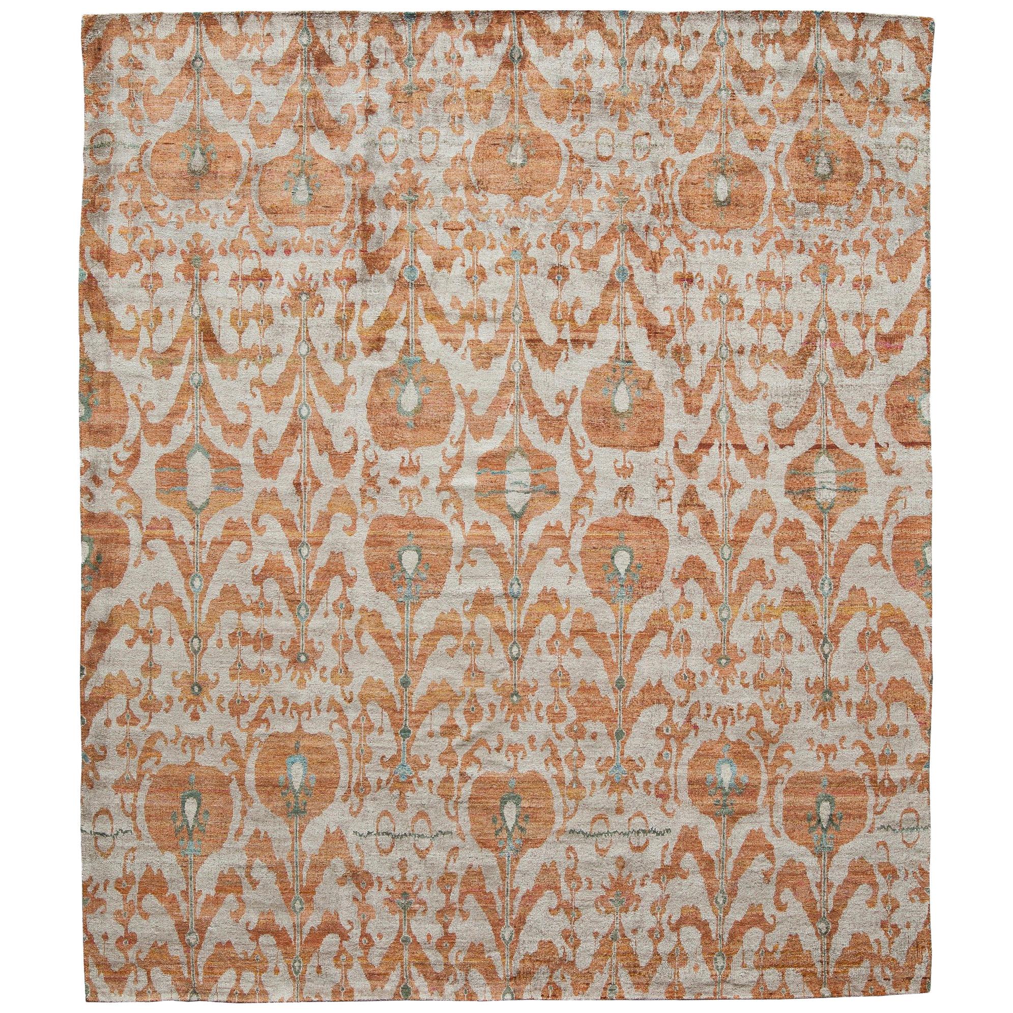 Rust Orange Silver Silk Beige Rug Hand-Knotted Ikat Pattern with Luxe Weave