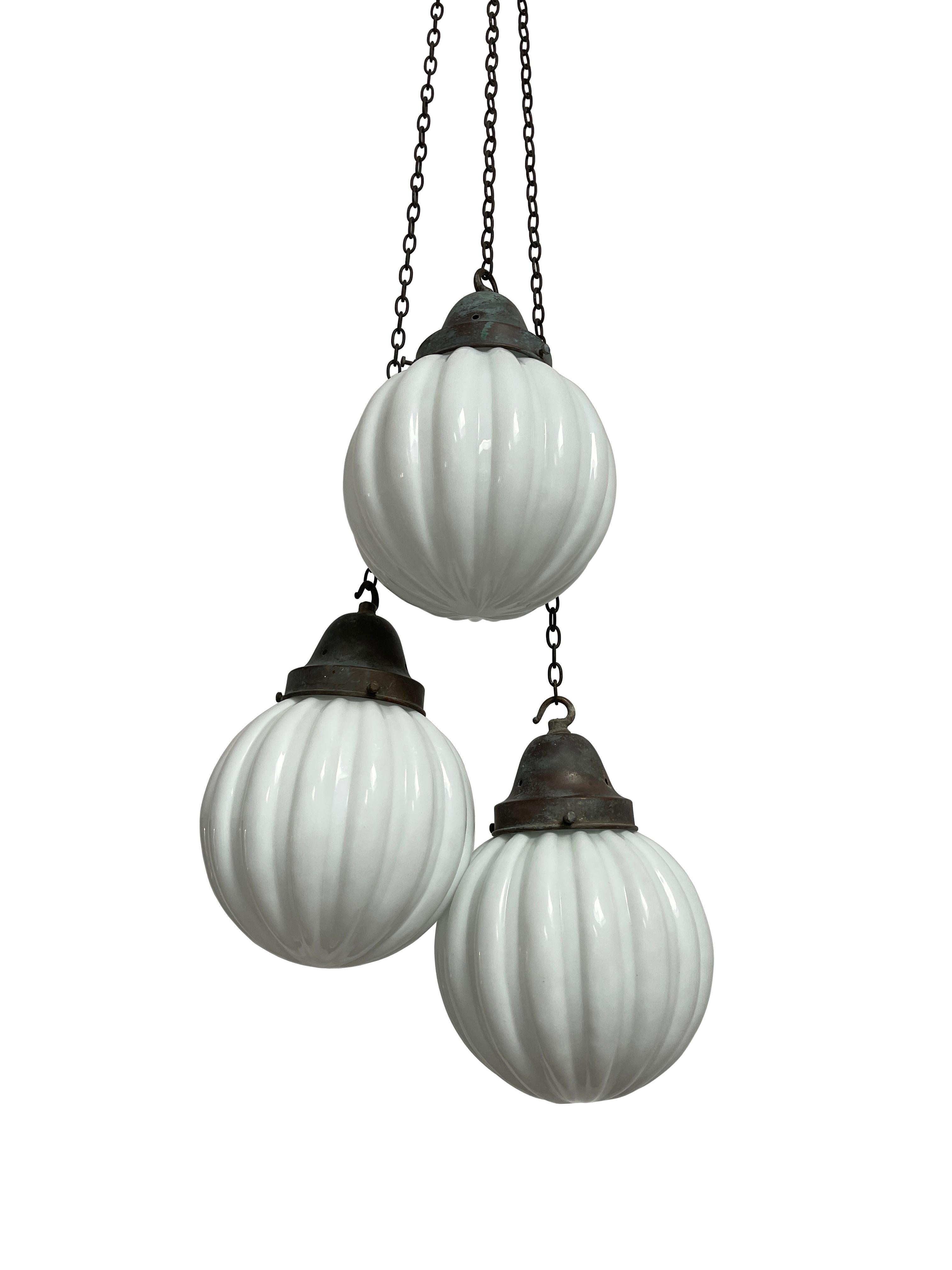 Run Collection Antique Vintage Opaline Milk Glass Globe Ceiling Pendant Lights In Good Condition In Sale, GB