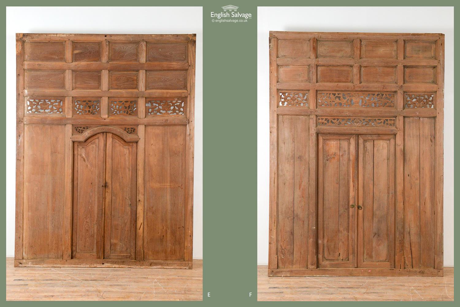 12.77 running metres of antique teak panelling from an old house in Indonesia. 6 panels as per photos. sizes of each panel as per below
Panel A: 235cm wide x 290cm high. Recessed part of the opening is 165cm wide x 193cm high (from ground) and 17cm