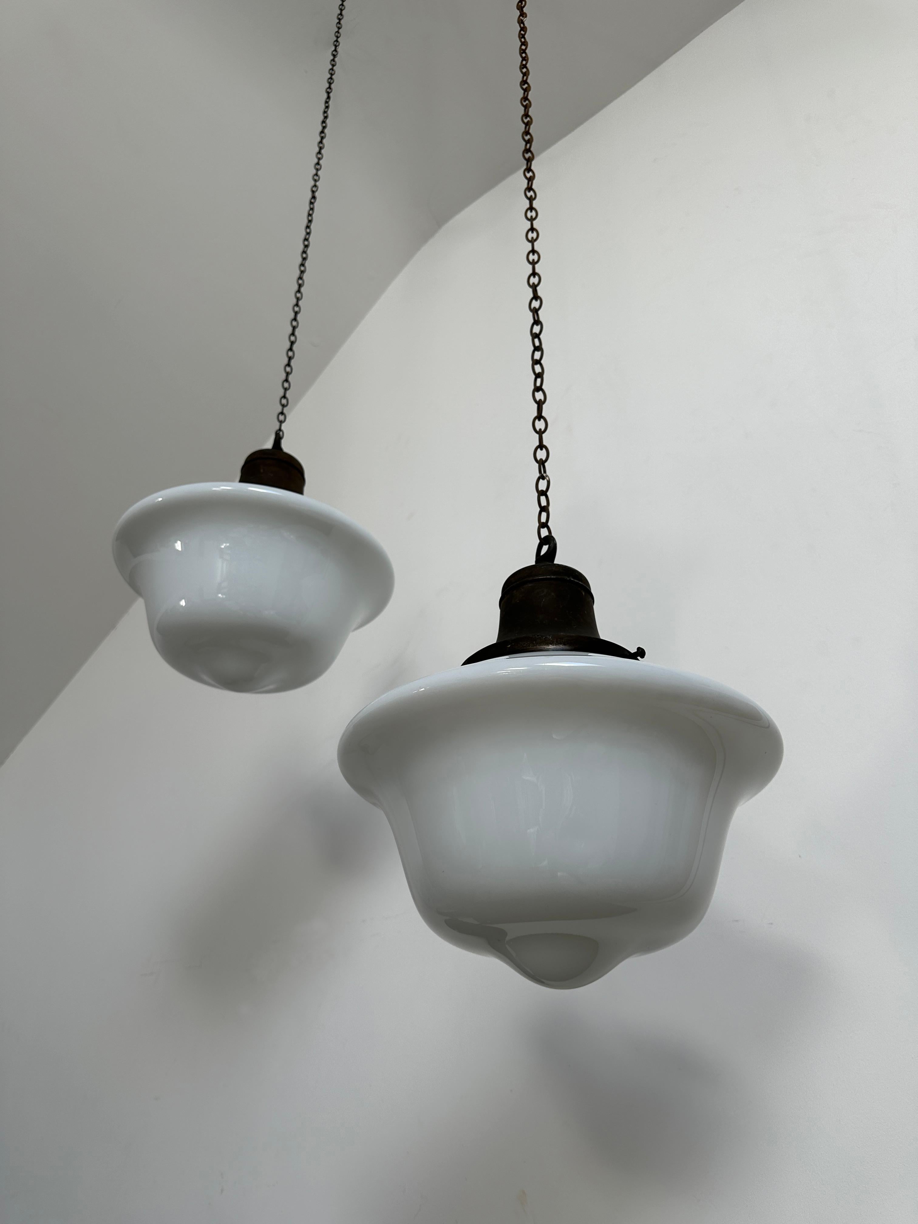 British Run Set Antique Vintage Church Opaline Milk Glass Ceiling Pendants Light Lamp For Sale