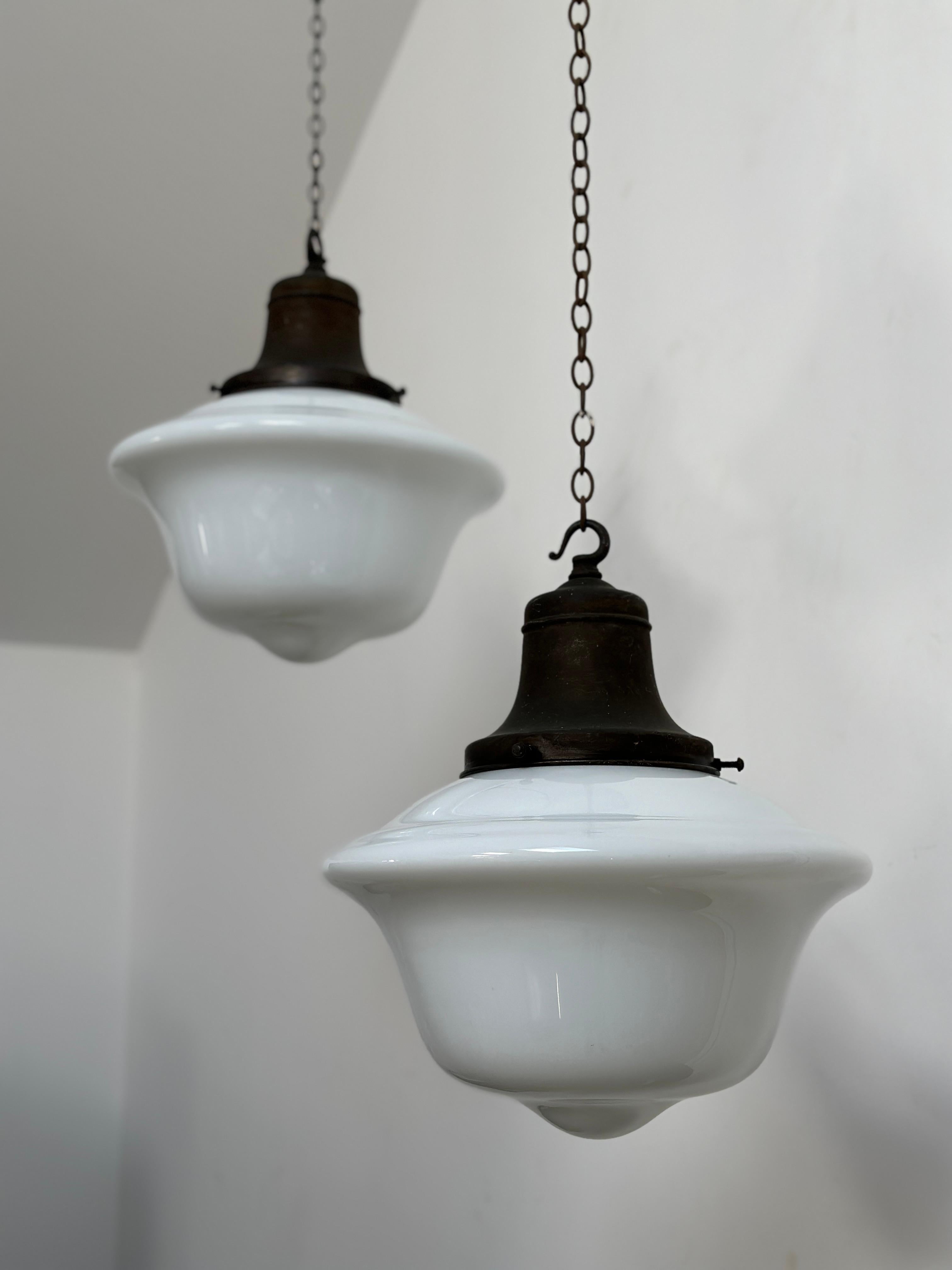 Run Set Antique Vintage Church Opaline Milk Glass Ceiling Pendants Light Lamp In Good Condition For Sale In Sale, GB