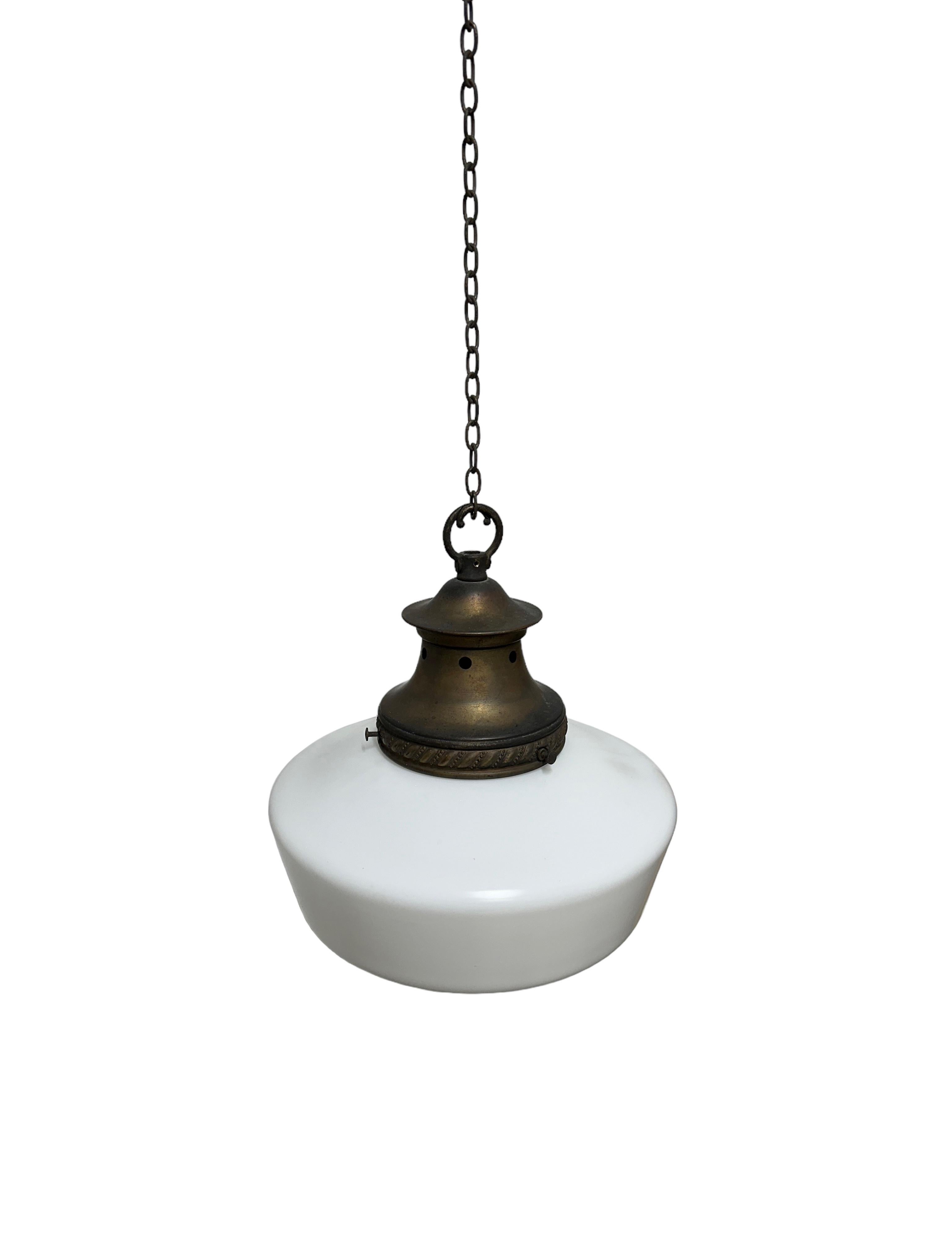 Run Set Antique Vintage Church Satin Opaline Milk Glass Ceiling Pendants Light In Good Condition For Sale In Sale, GB