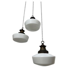 Run Set Antique Vintage Church Satin Opaline Milk Glass Ceiling Pendants Light