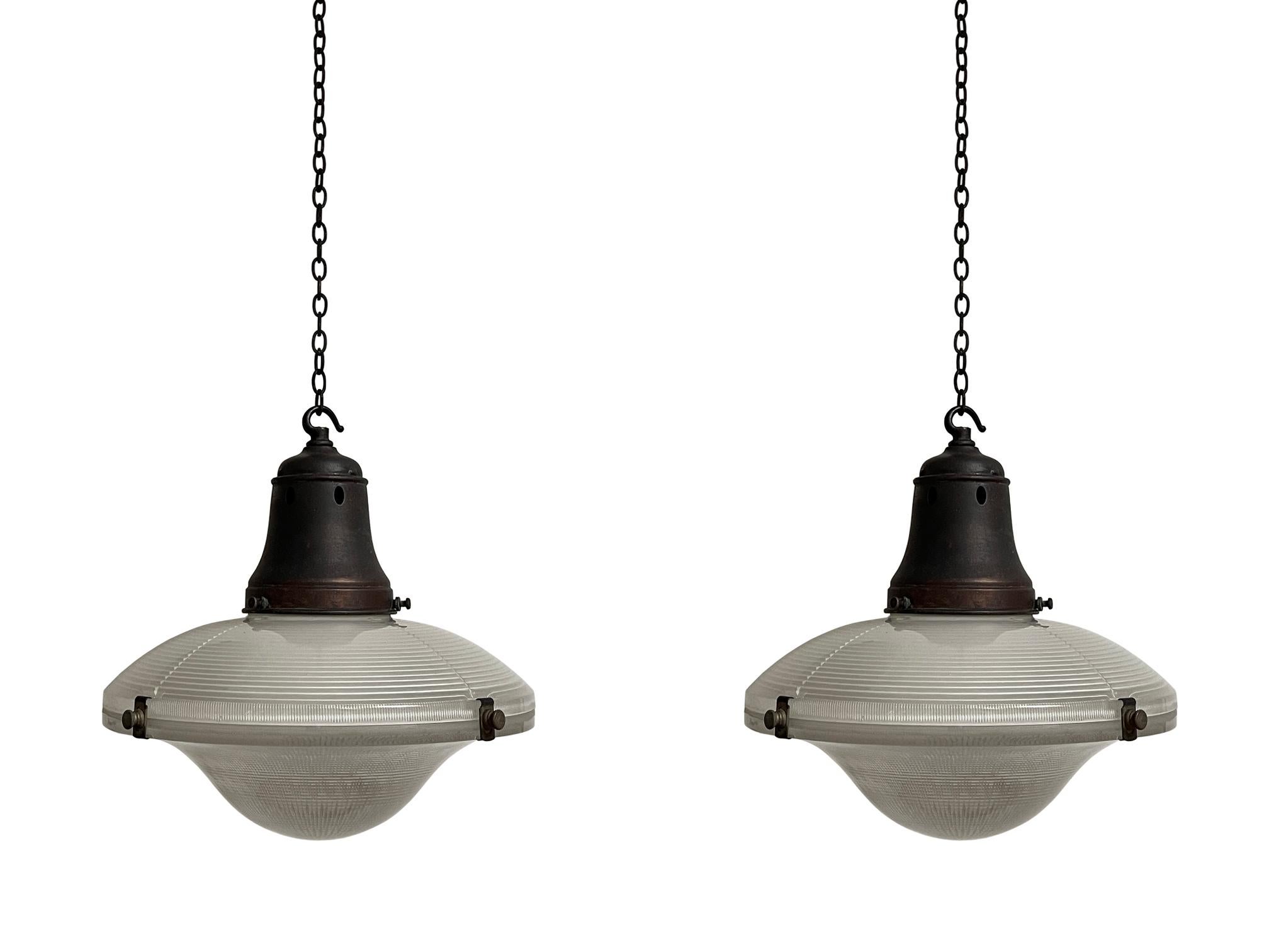 British Run Set Antique Vintage Industrial Holophane Glass Ceiling Pendant Light Lamp