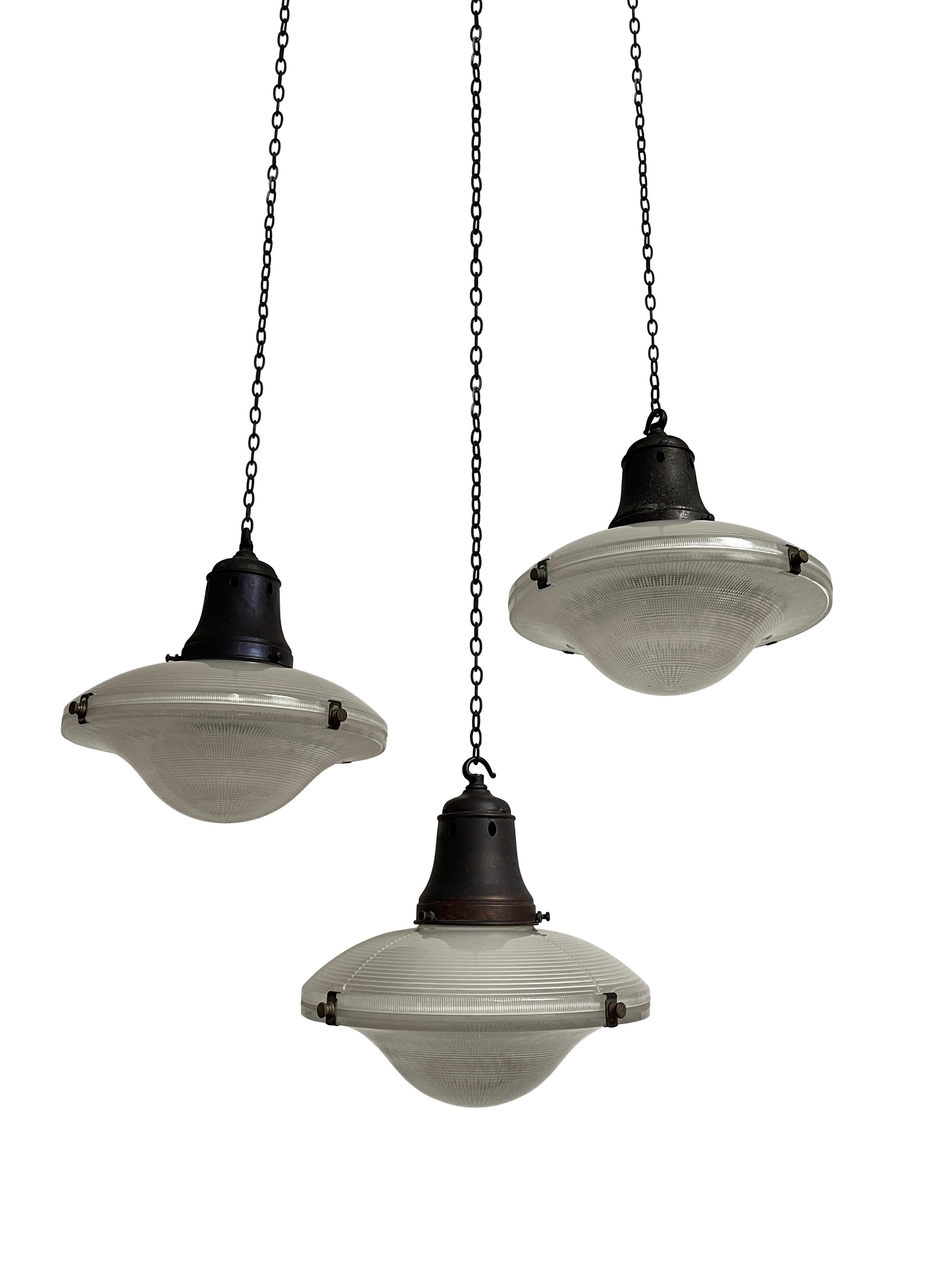 20th Century Run Set Antique Vintage Industrial Holophane Glass Ceiling Pendant Light Lamp