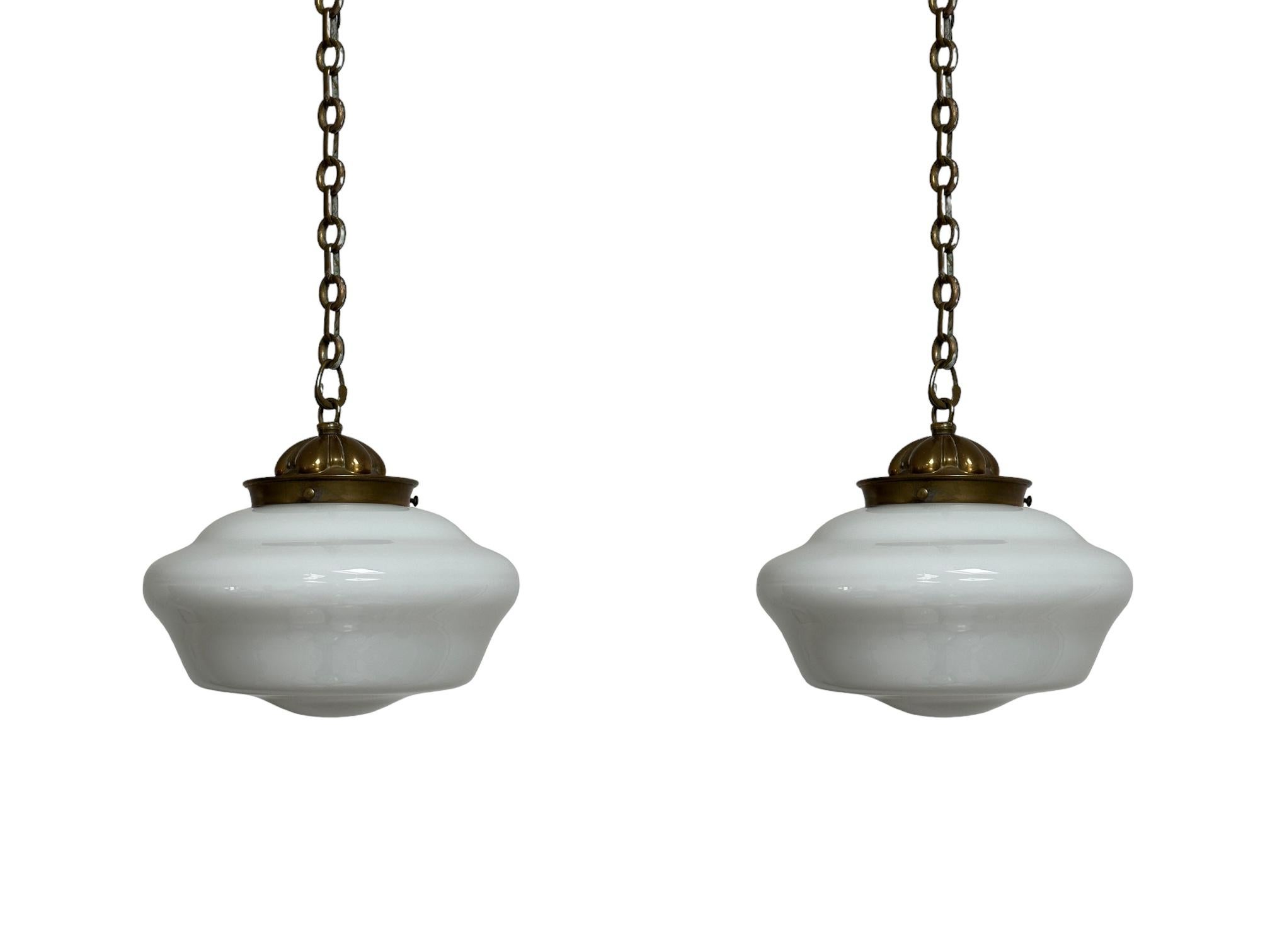 Brass Run Set Antique Vintage Opaline Milk White Glass Ceiling Pendants Light Lamp For Sale