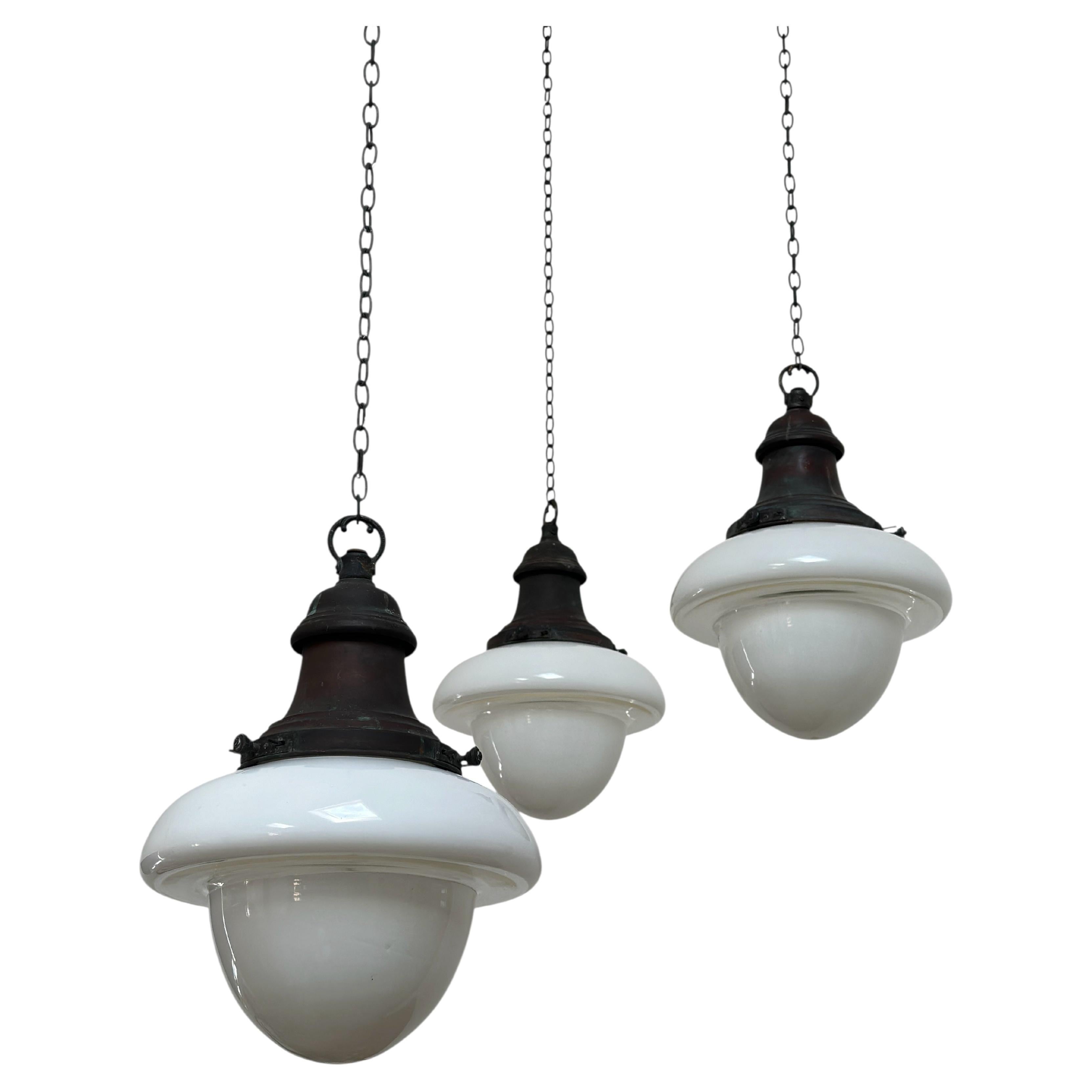 Run Set Antique Vintage Two Tone Church Opaline Milk Glass Ceiling Pendant Light