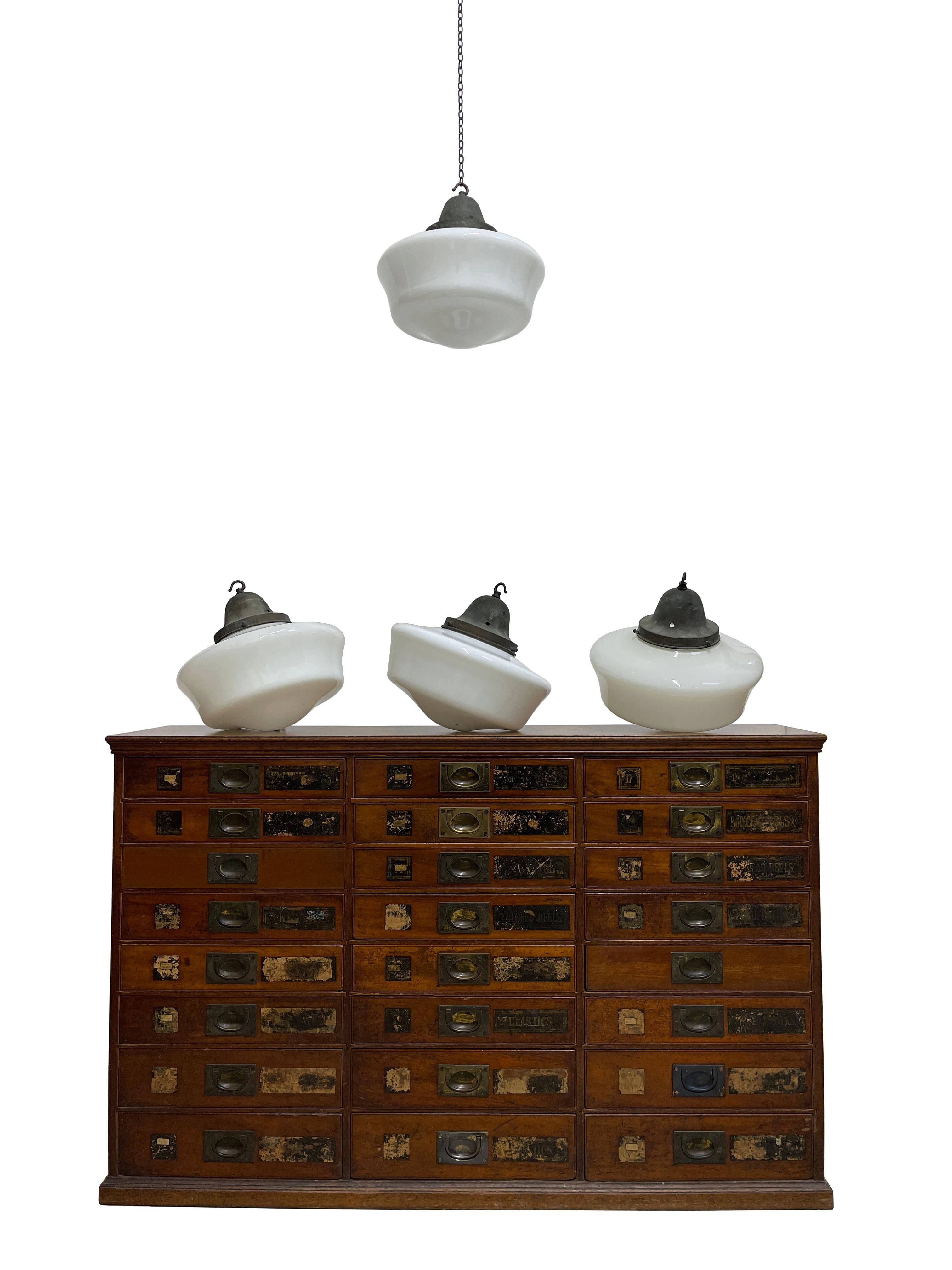 Run Set Large Antique Church Opaline Milk Glass Ceiling Pendants Light Lamps Bon état - En vente à Sale, GB