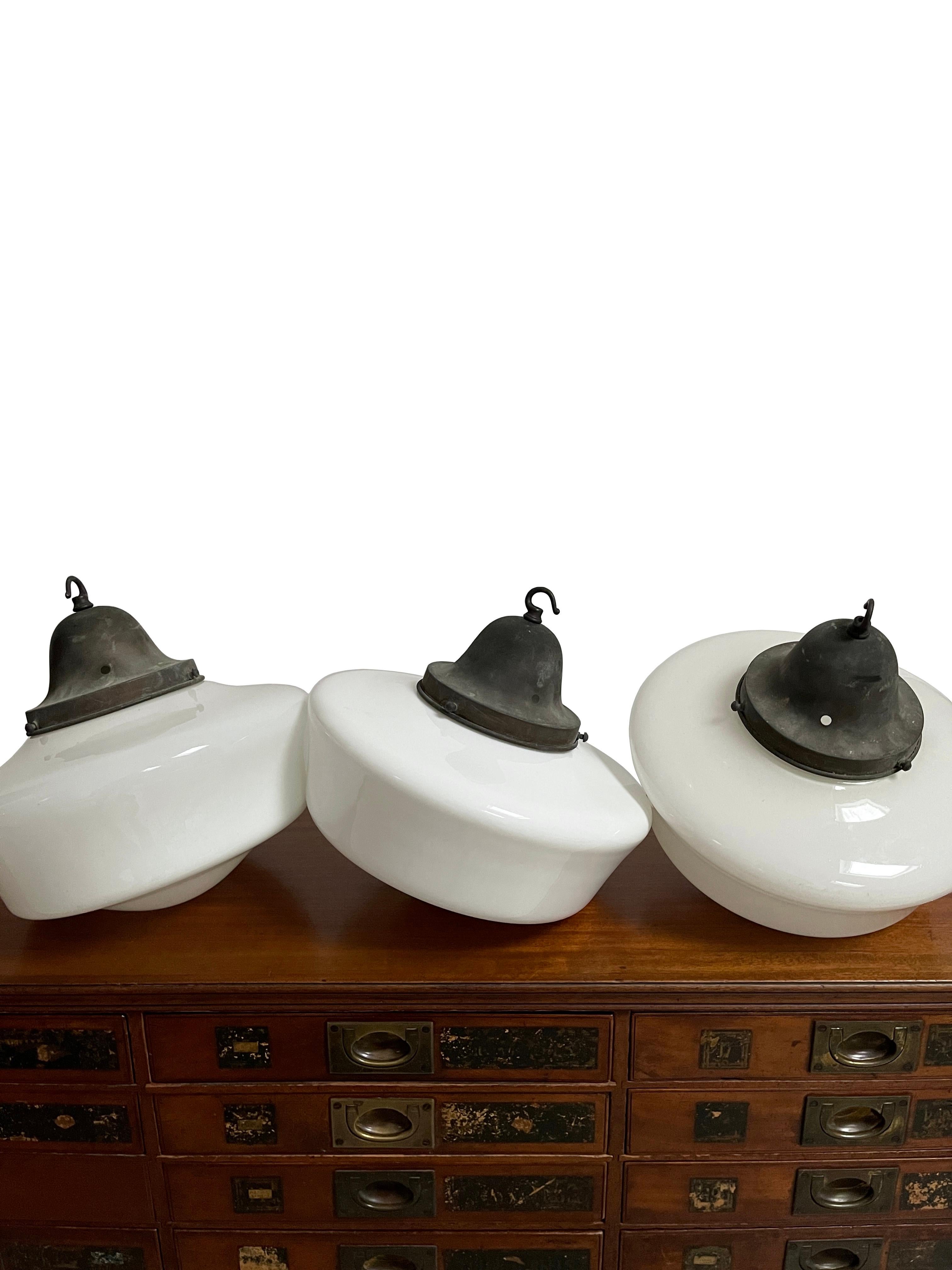 Run Set Large Antique Church Opaline Milk Glass Ceiling Pendants Light Lamps In Good Condition For Sale In Sale, GB