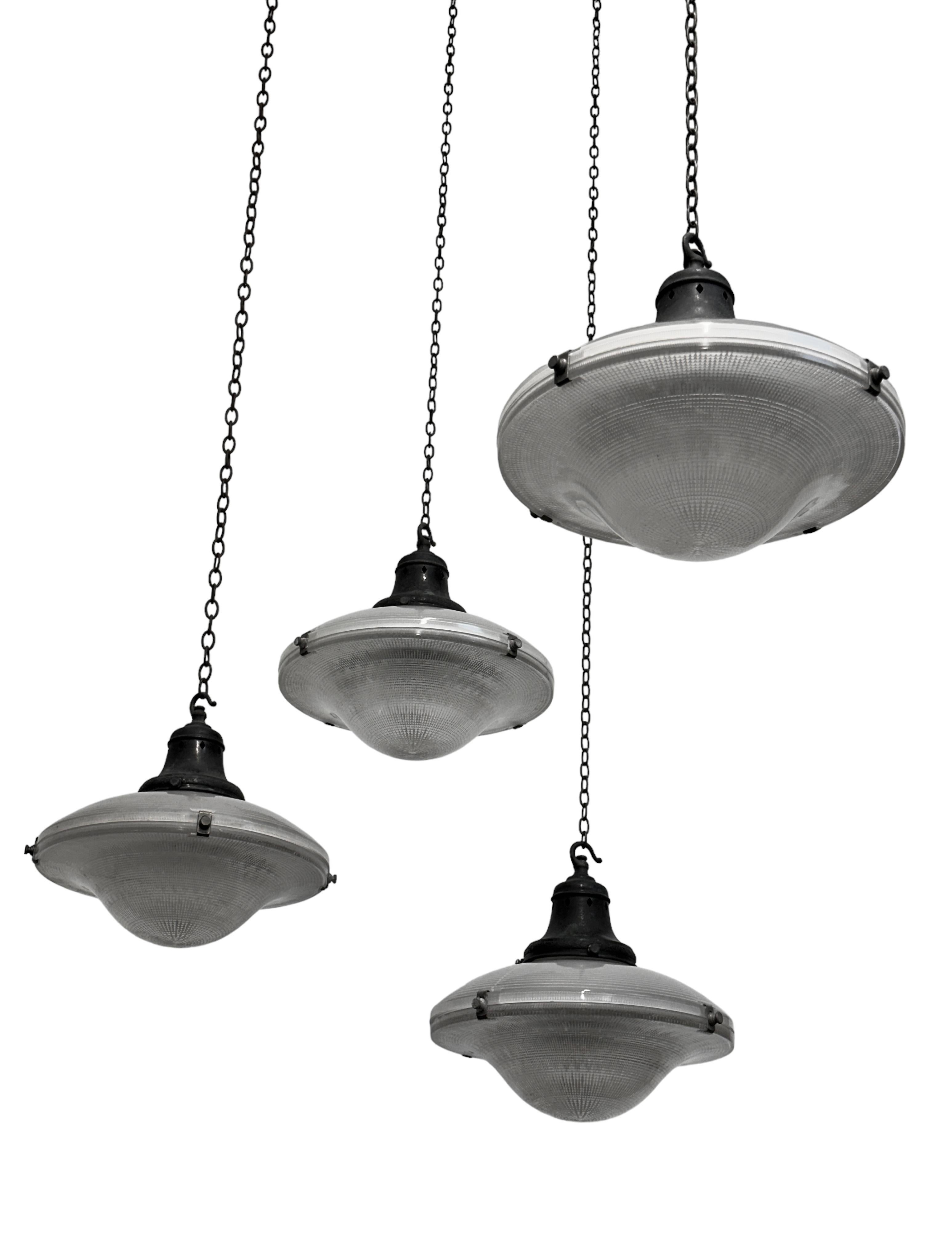 Run Set Vintage Antique Industrial Holophane Glass Ceiling Pendants Light Lamp In Good Condition In Sale, GB