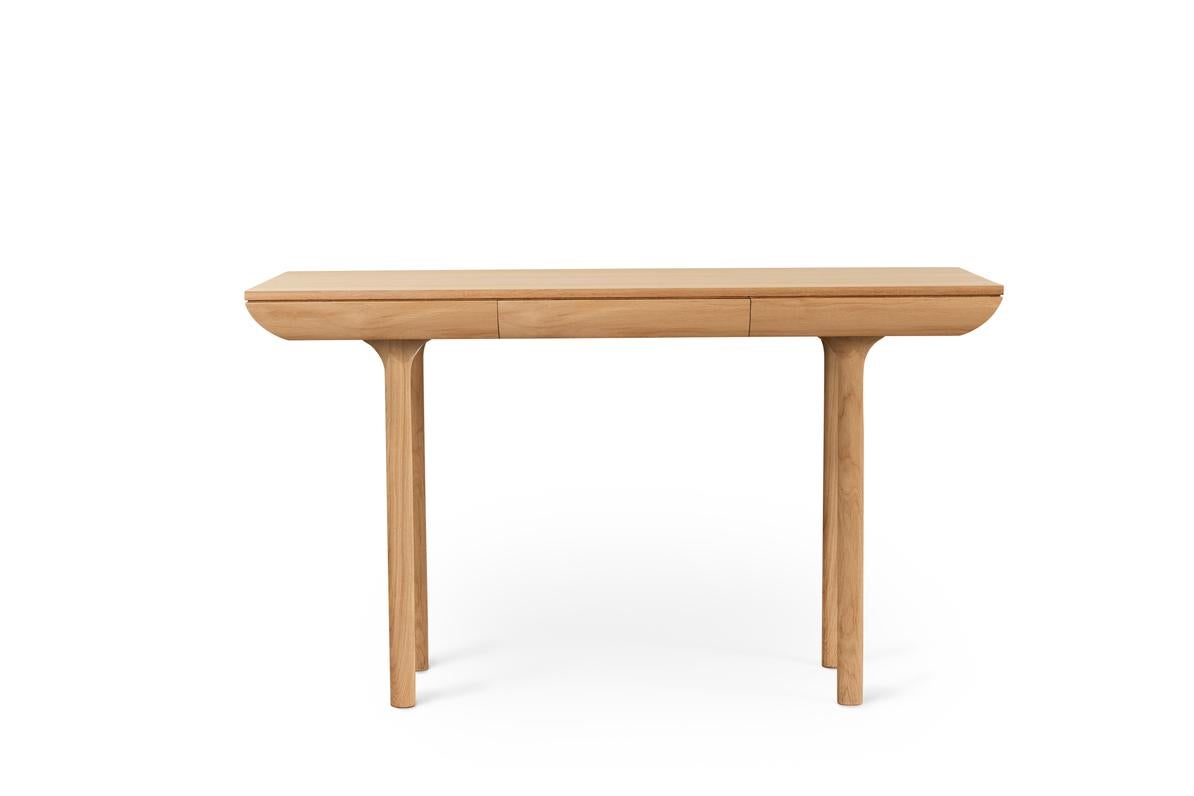 Rúna White Oiled Solid Oak Desk by Warm Nordic
Dimensions: D130 x W65 x H74 cm
Material: White oiled solid oak
Weight: 37 kg
Also available in different finishes. Please contact us.

Timeless desk with a poetic idiom and a neat little drawer.