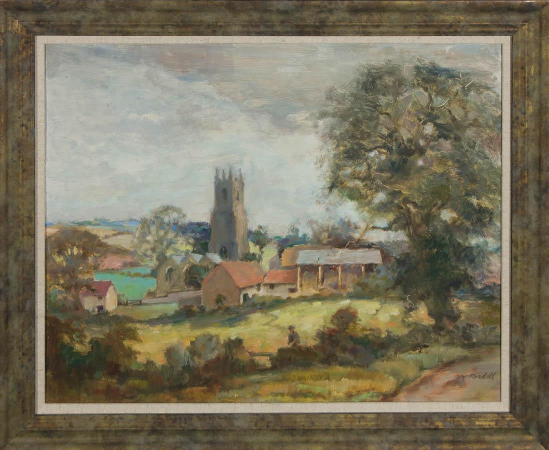 Fino óleo que muestra una aldea frondosa y serena, con una iglesia en el centro y un hombre con sombrero caminando hacia un muelle. La paleta de colores y las pinceladas suaves y cortas dan a la obra un aire onírico e impresionista. El artista ha